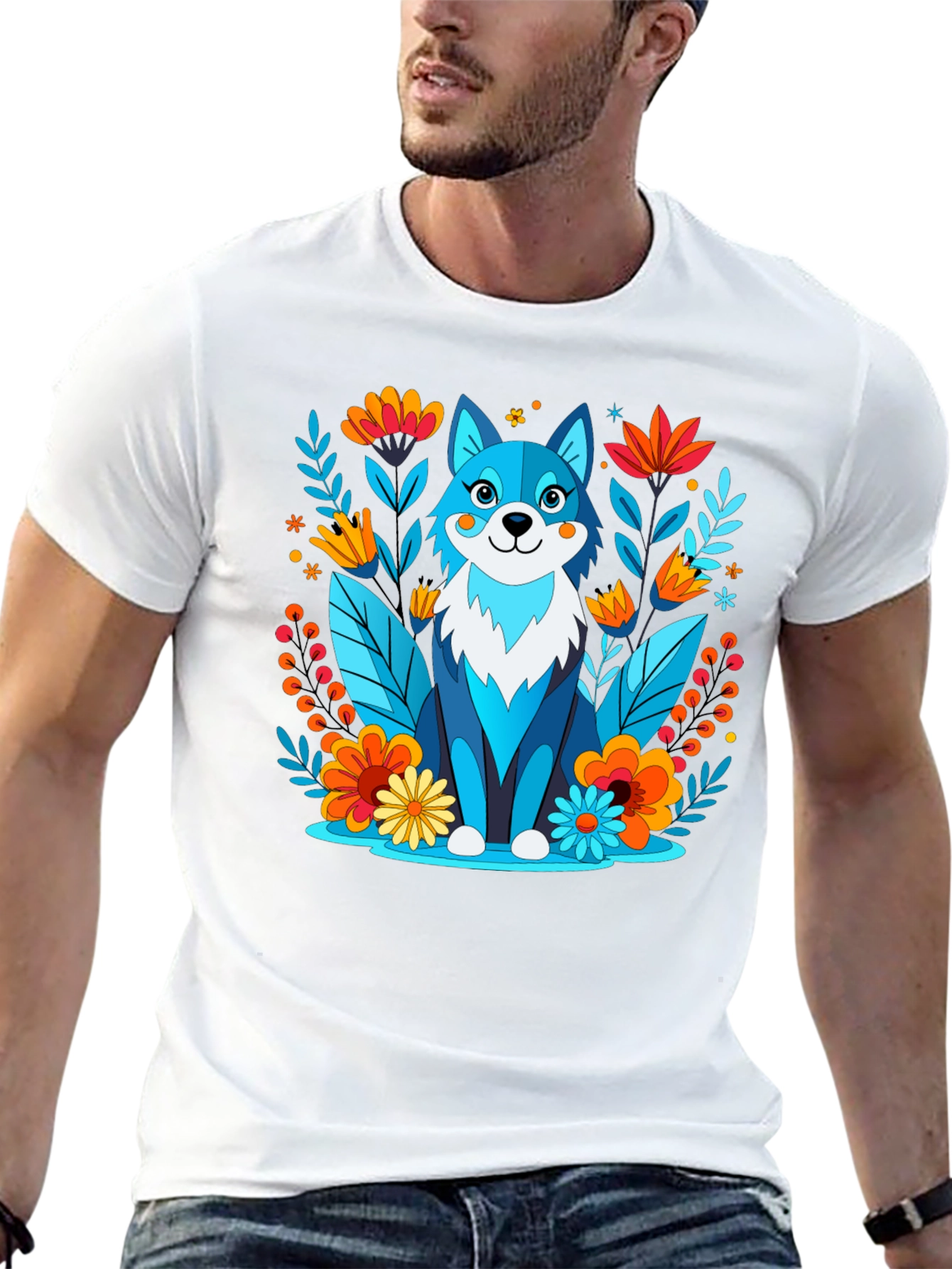 Whimsical Floral Wolf Graphic T-Shirt