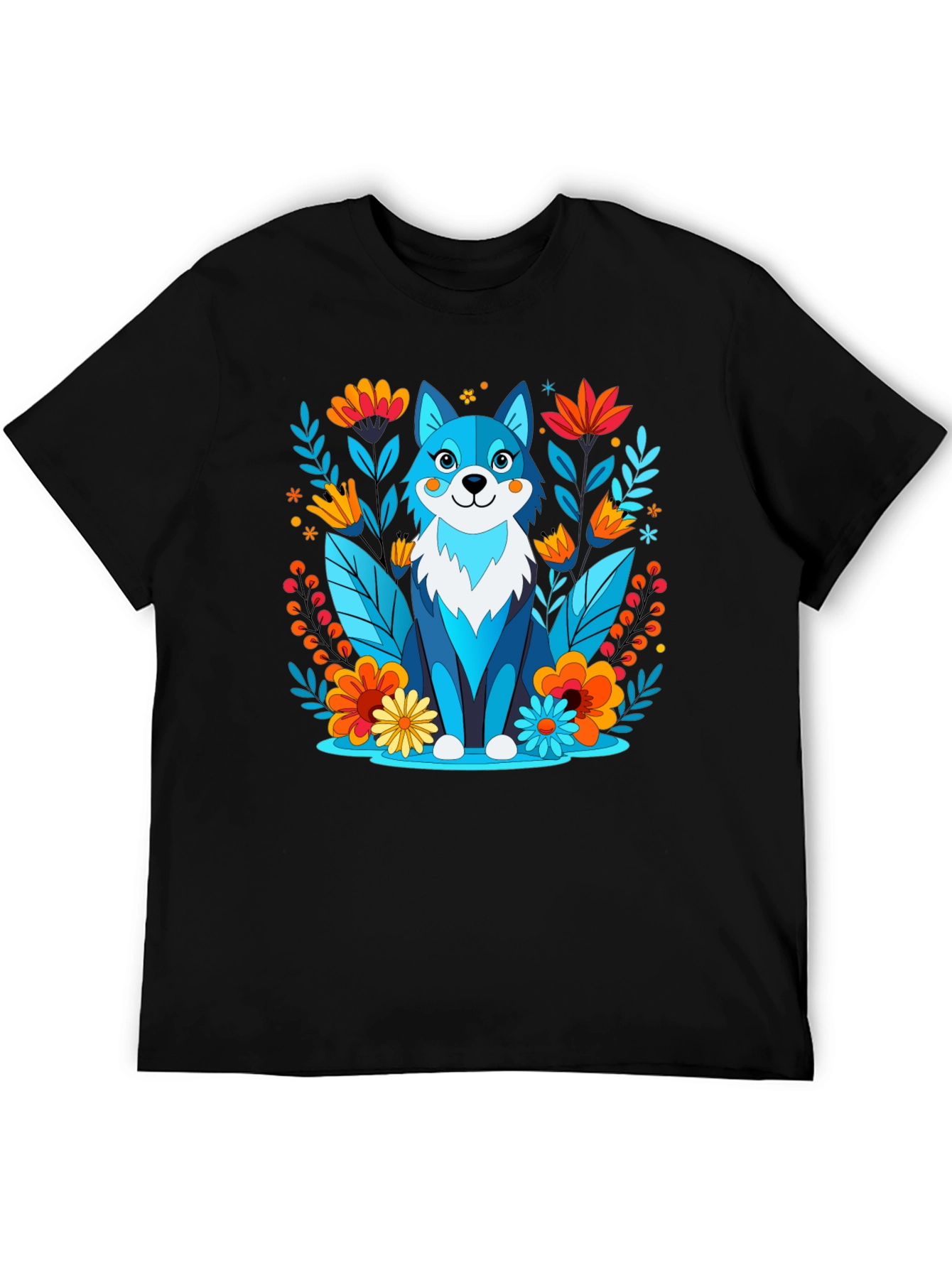 Whimsical Floral Wolf Graphic T-Shirt