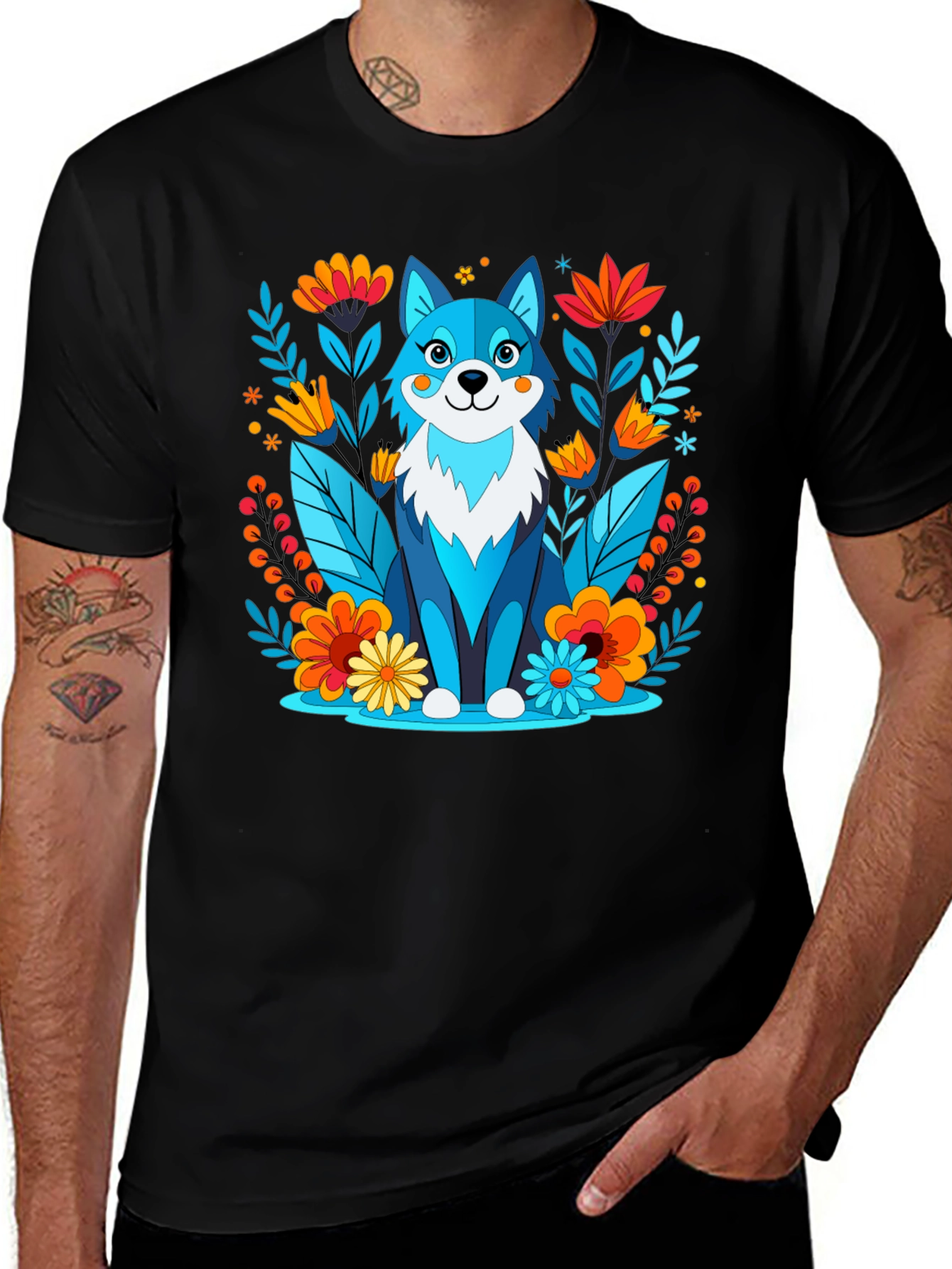 Whimsical Floral Wolf Graphic T-Shirt