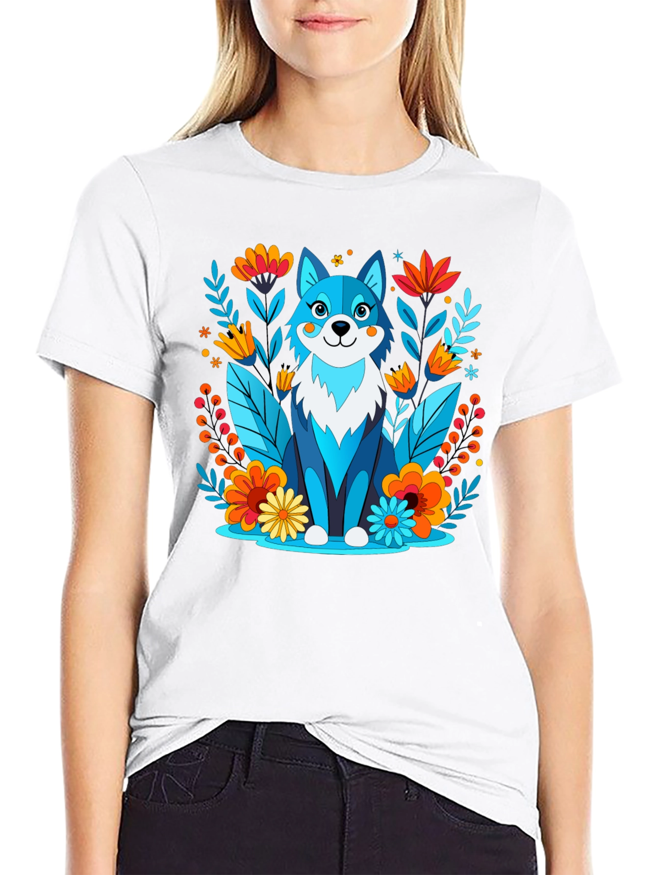 Whimsical Floral Wolf Graphic T-Shirt