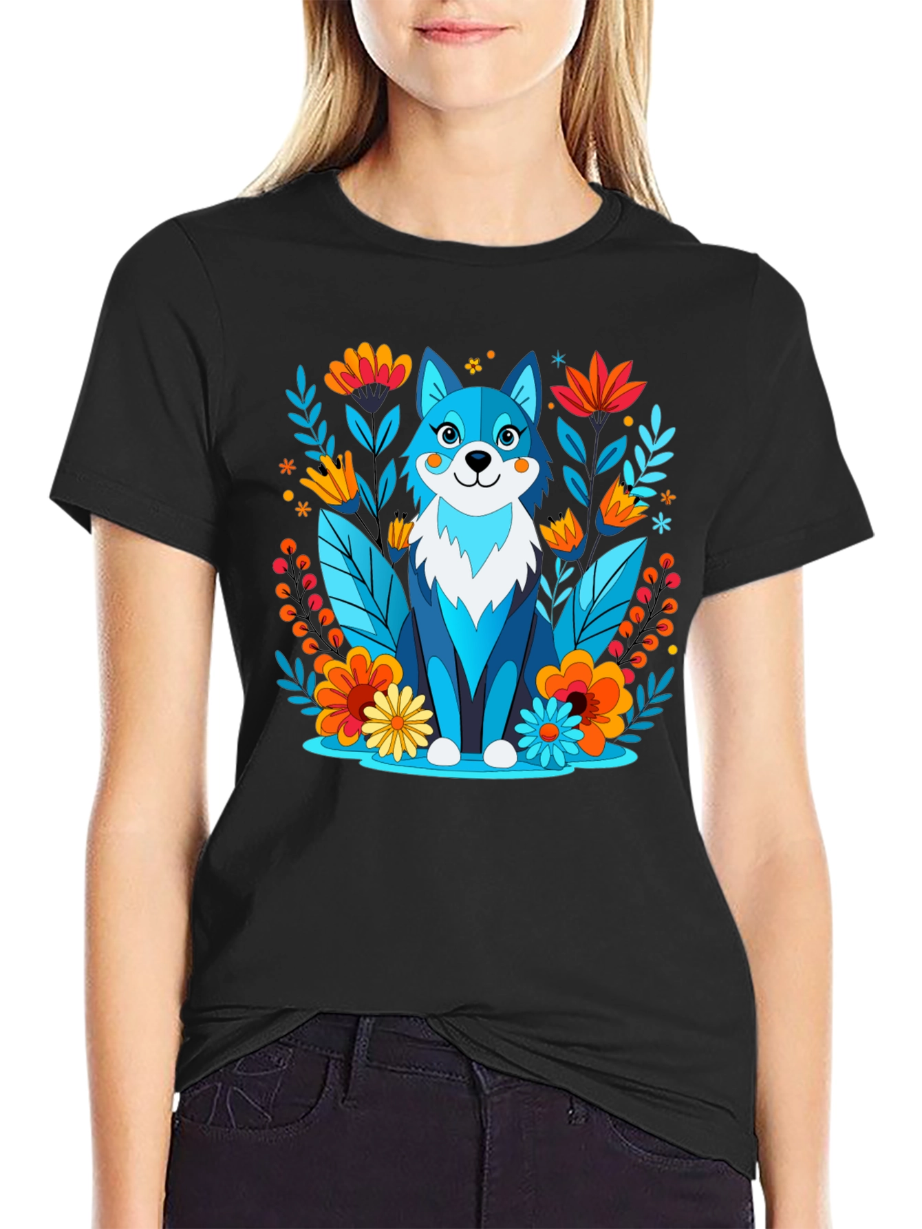 Whimsical Floral Wolf Graphic T-Shirt