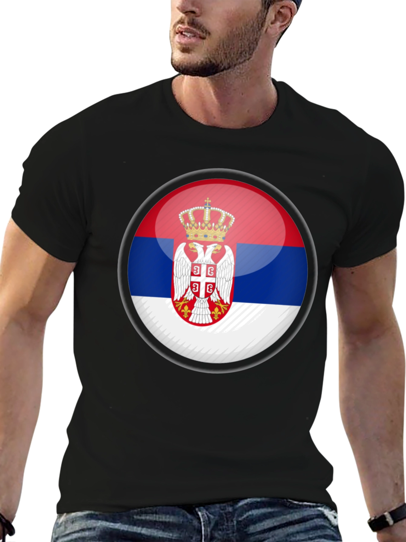 Serbia Flag Emblem Black T-Shirt