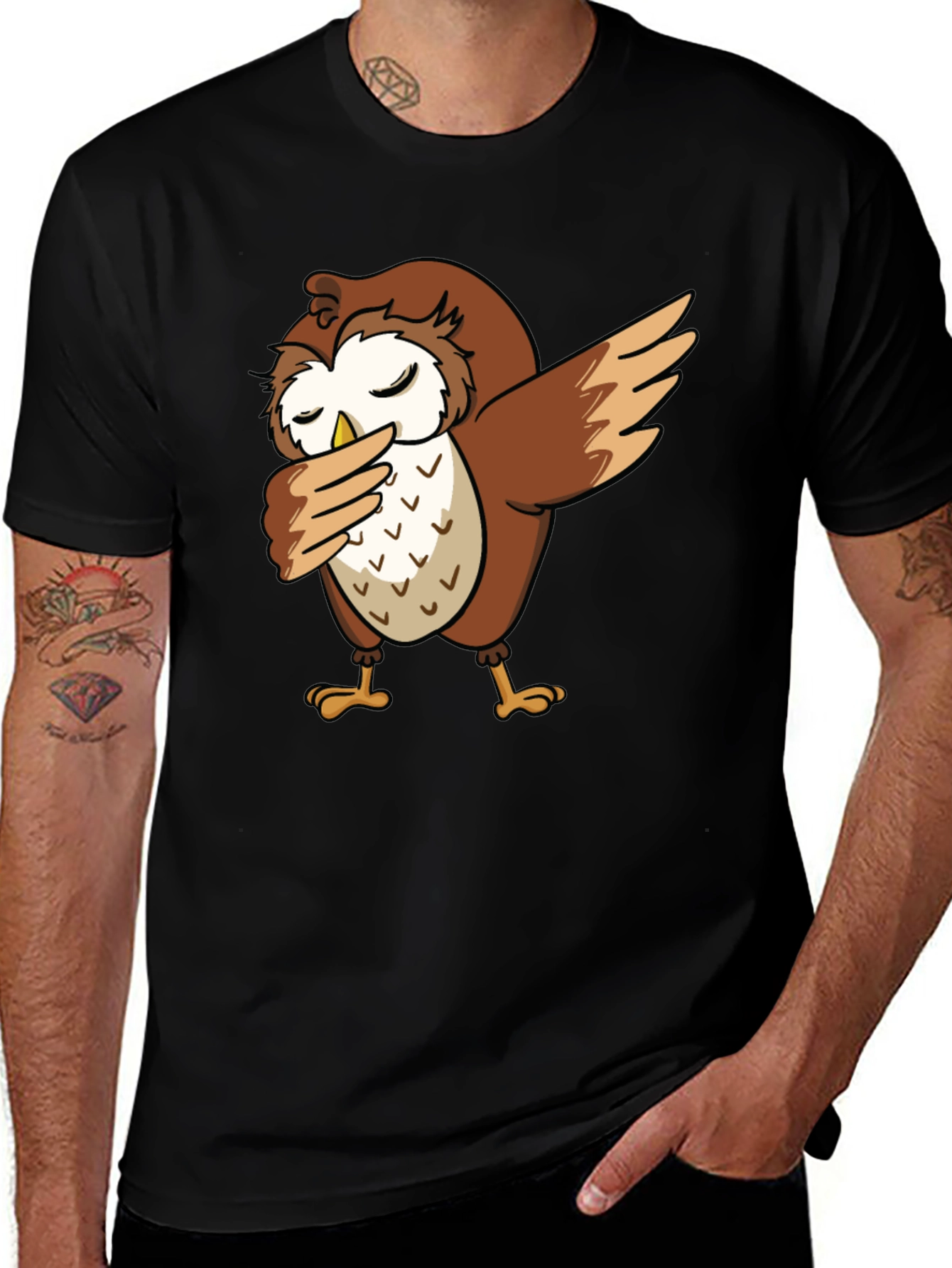 Dabbing Owl Graphic Tee - Trendy Black T-Shirt