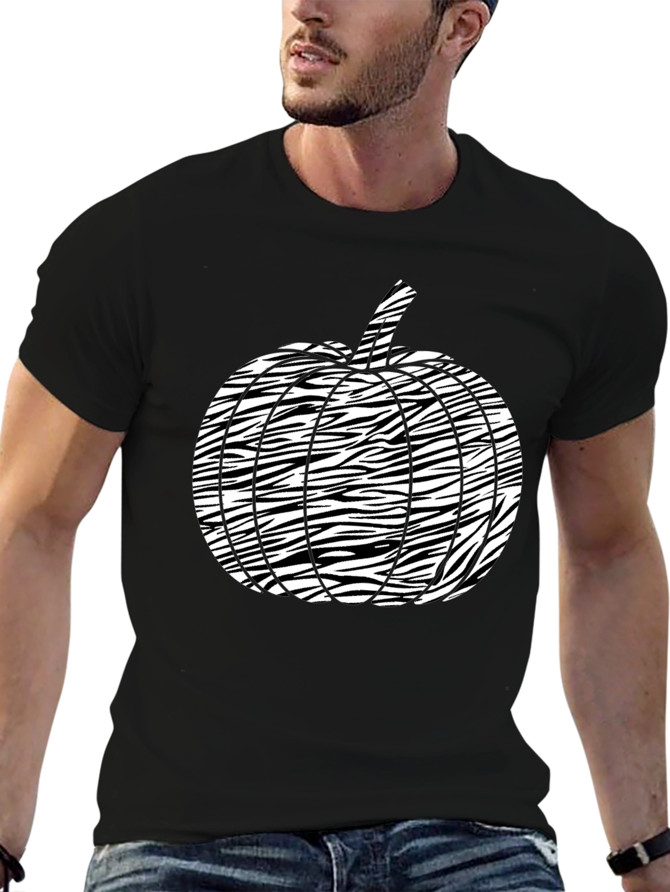 Striped Pumpkin Graphic Tee - Mens Black T-Shirt