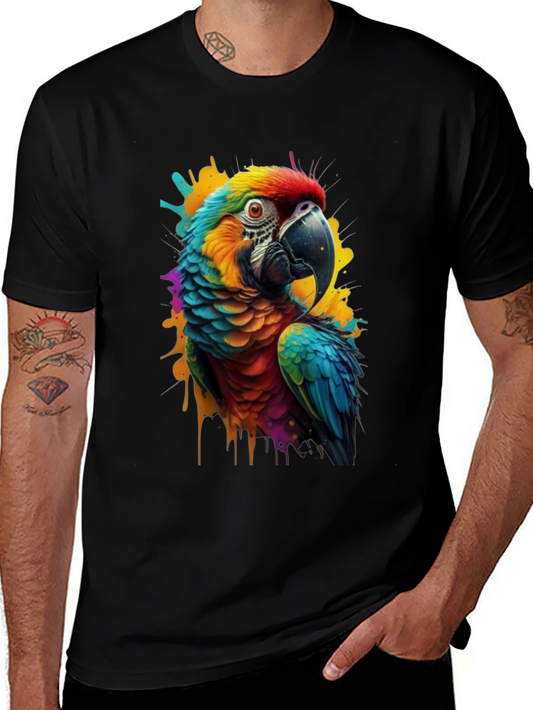 Colorful Parrot Graphic Print Black T-Shirt