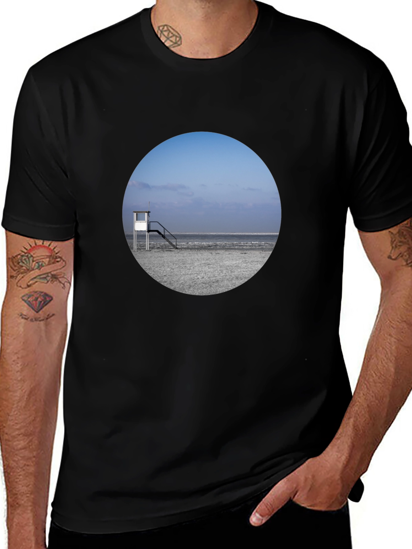 Beach View Graphic Tee - Black Cotton T-Shirt