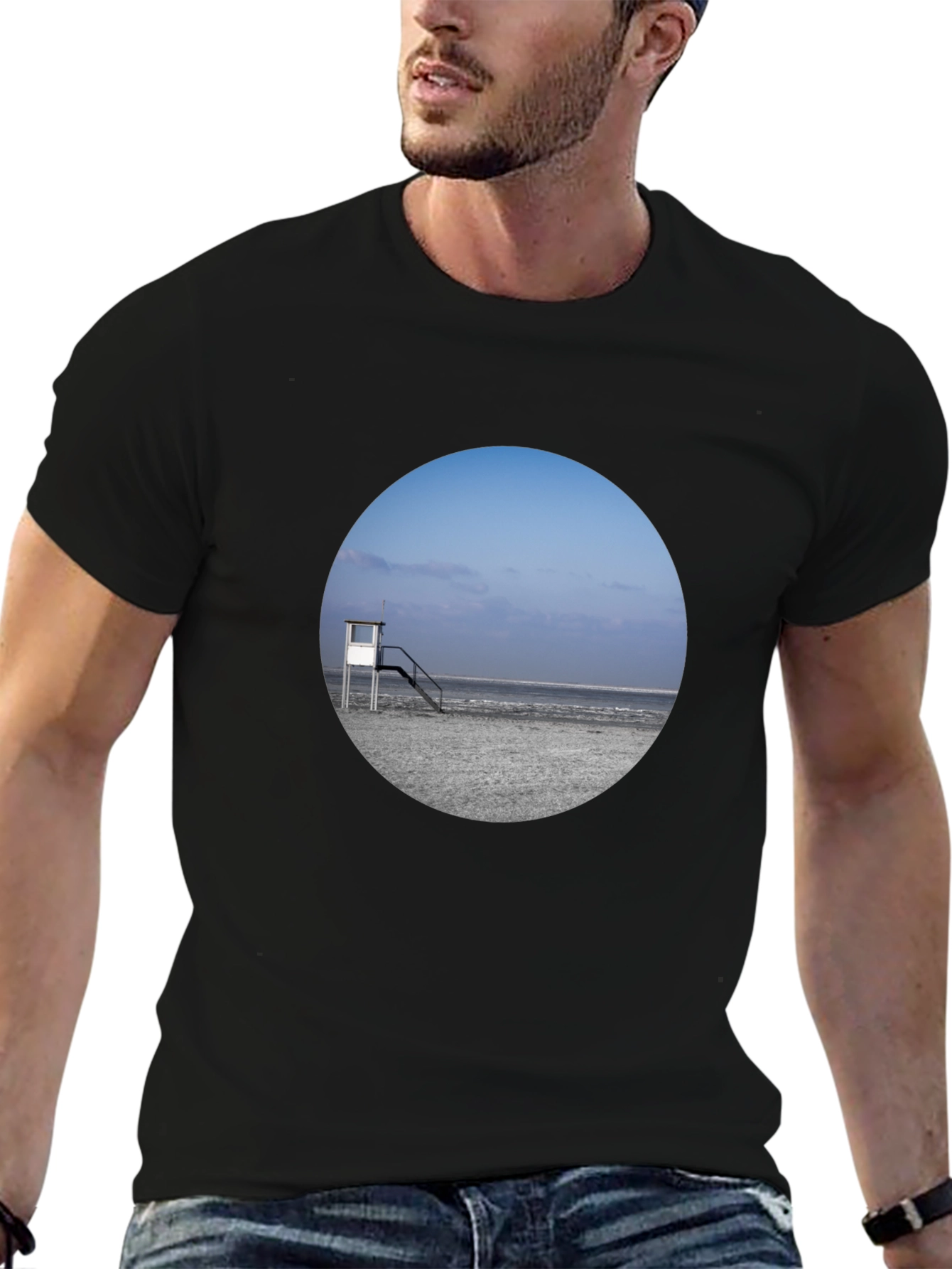 Beach View Graphic Tee - Black Cotton T-Shirt