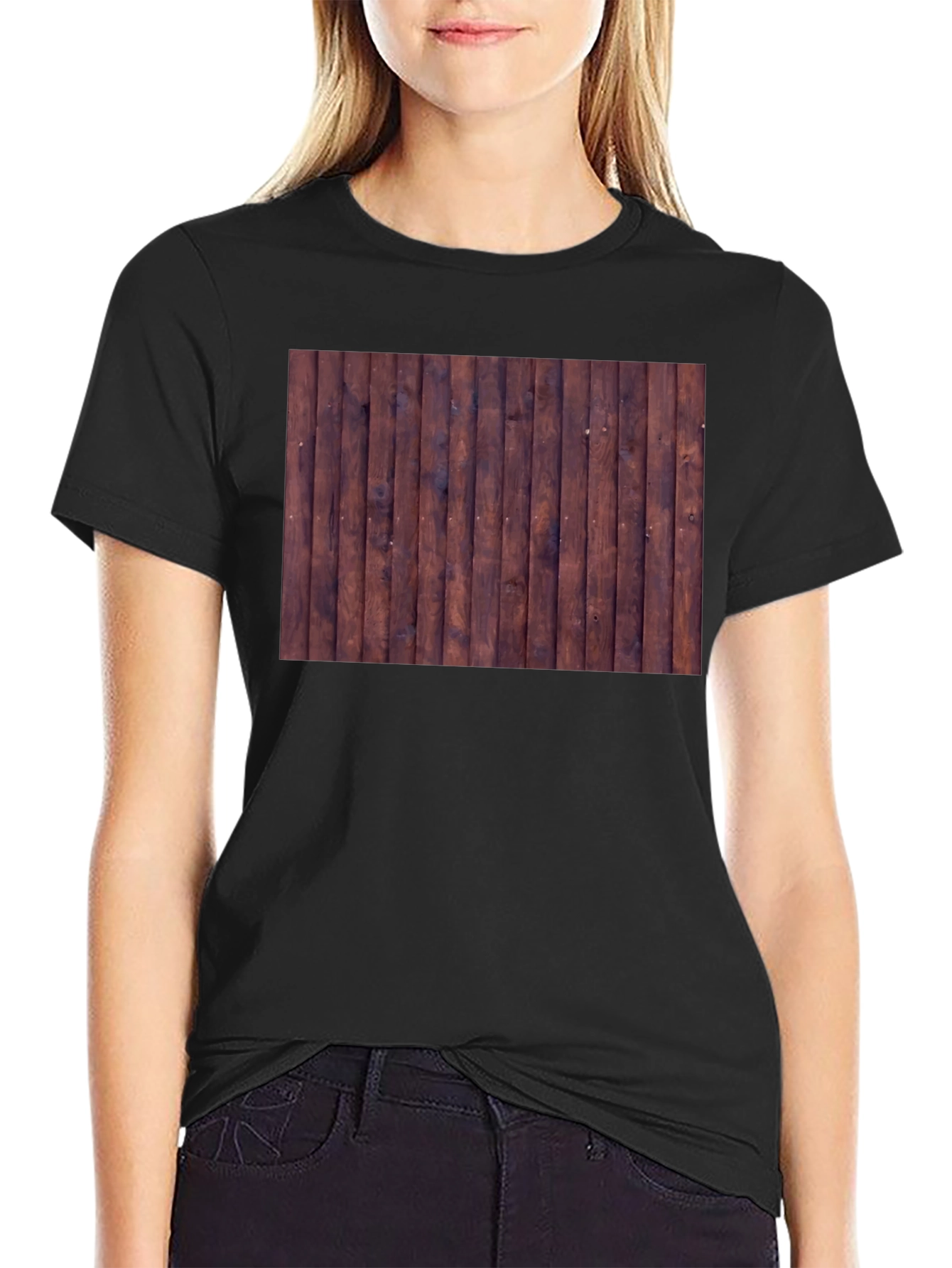Mens Black T-Shirt with Wood Plank Print