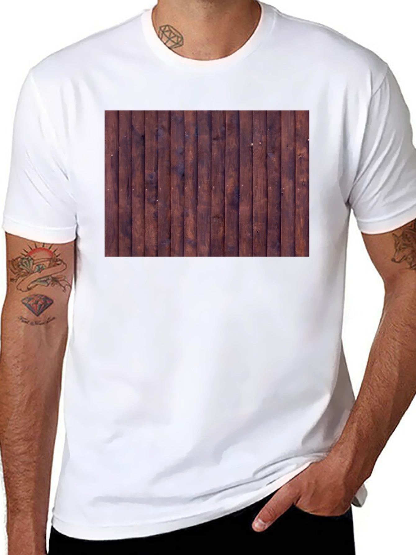 Mens Black T-Shirt with Wood Plank Print