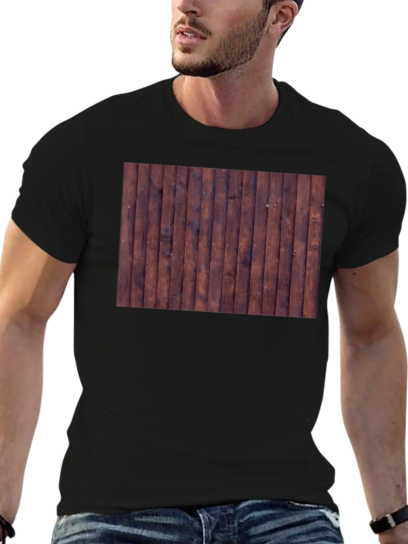Mens Black T-Shirt with Wood Plank Print