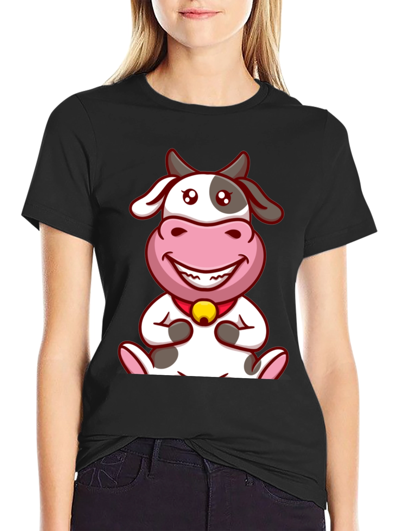 Cute Cow Cartoon Black T-Shirt