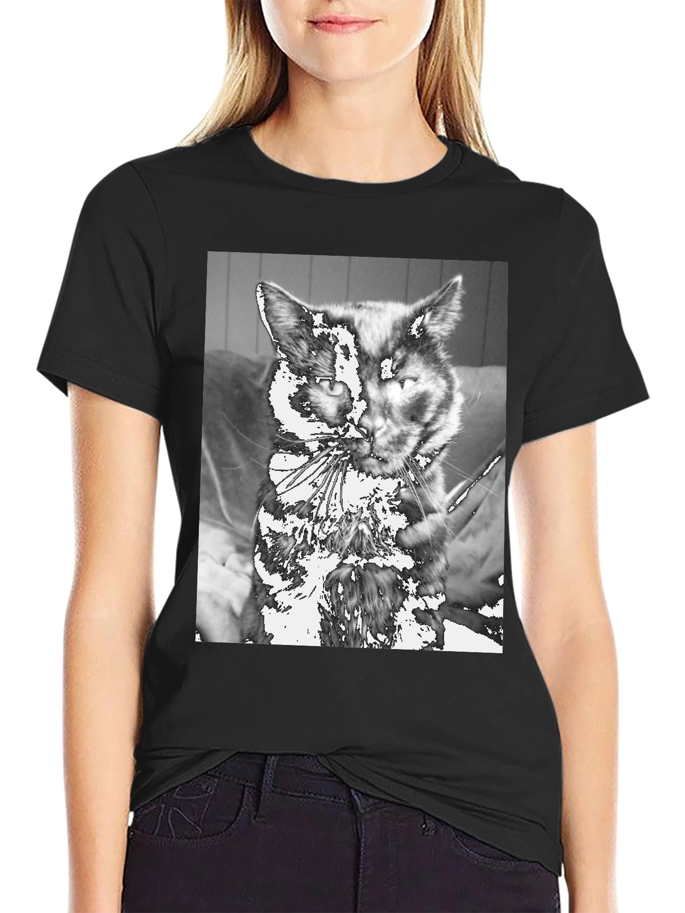Unique Cat Graphic Tee - Black Cotton Casual T-Shirt