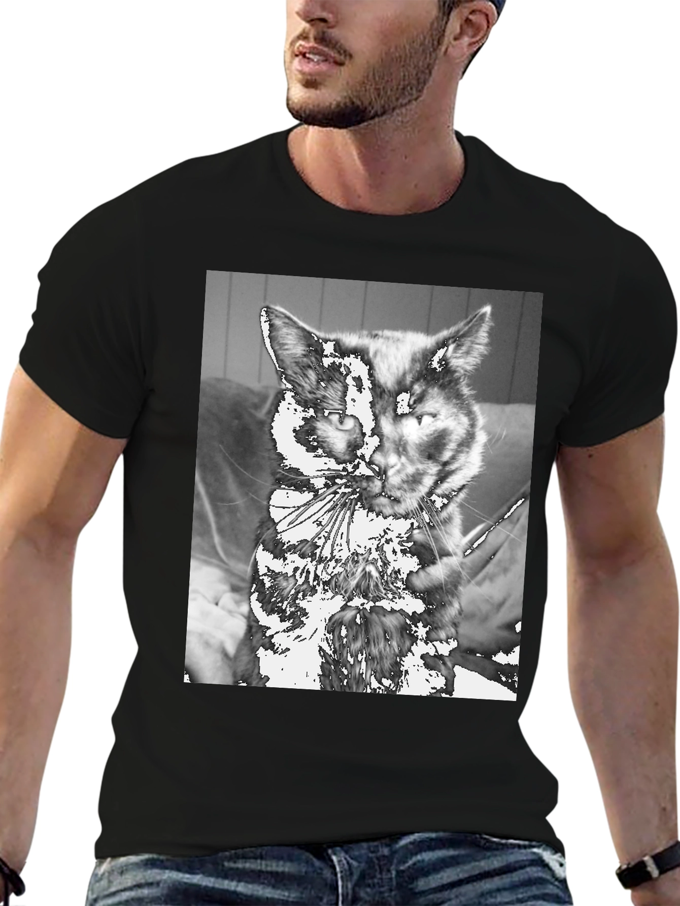 Unique Cat Graphic Tee - Black Cotton Casual T-Shirt