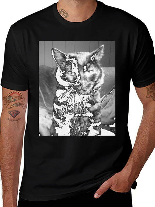 Unique Cat Graphic Tee - Black Cotton Casual T-Shirt