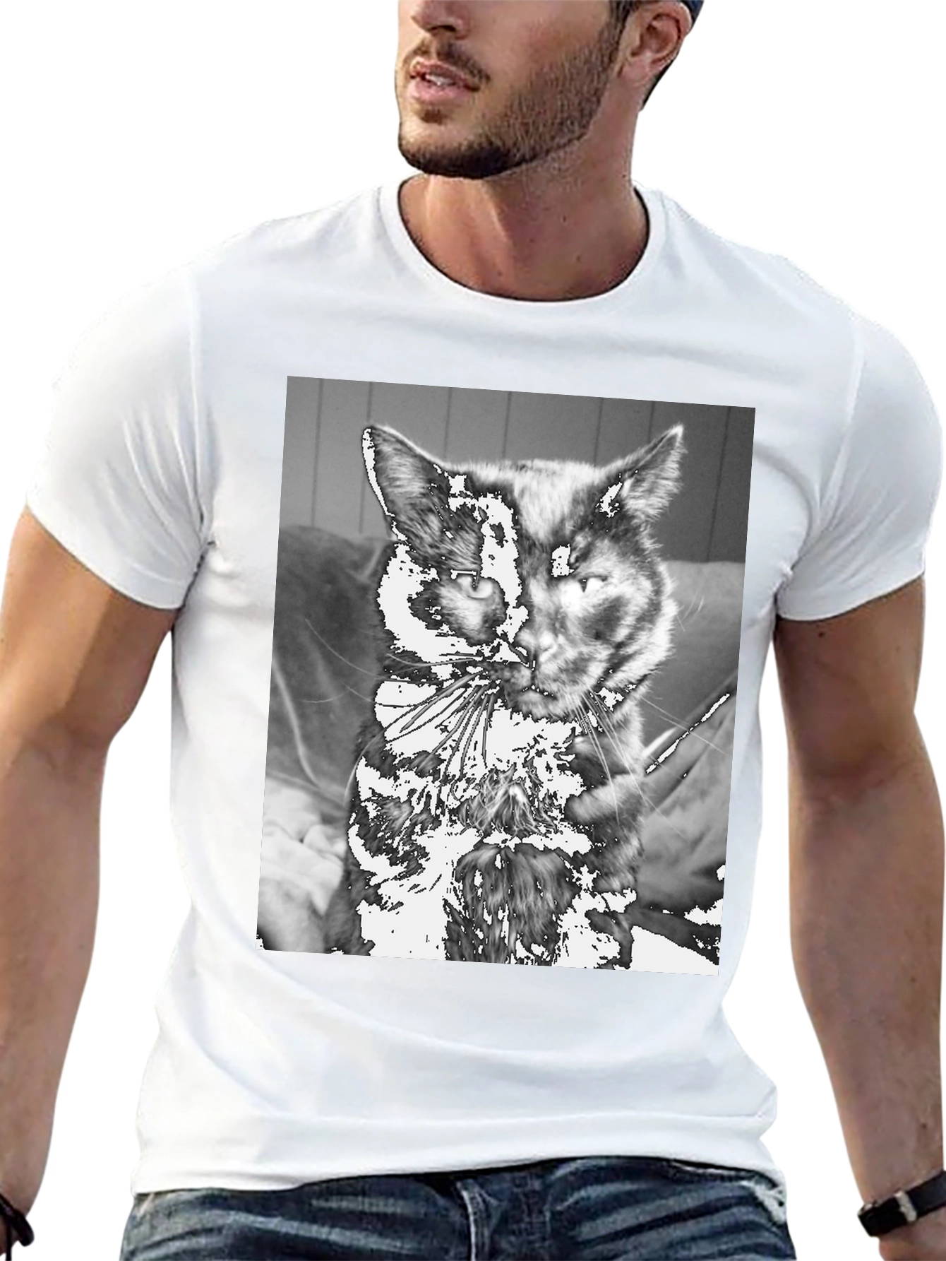 Unique Cat Graphic Tee - Black Cotton Casual T-Shirt