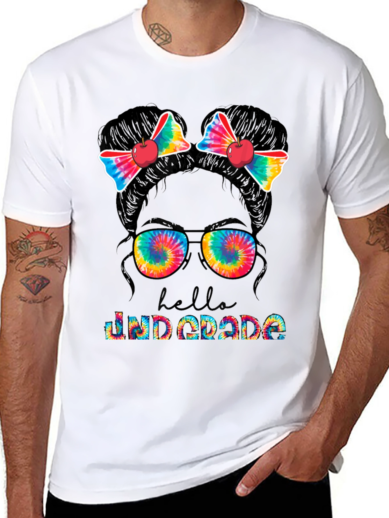 Hello 2nd Grade Tie Dye Messy Bun Teacher T-Shirt