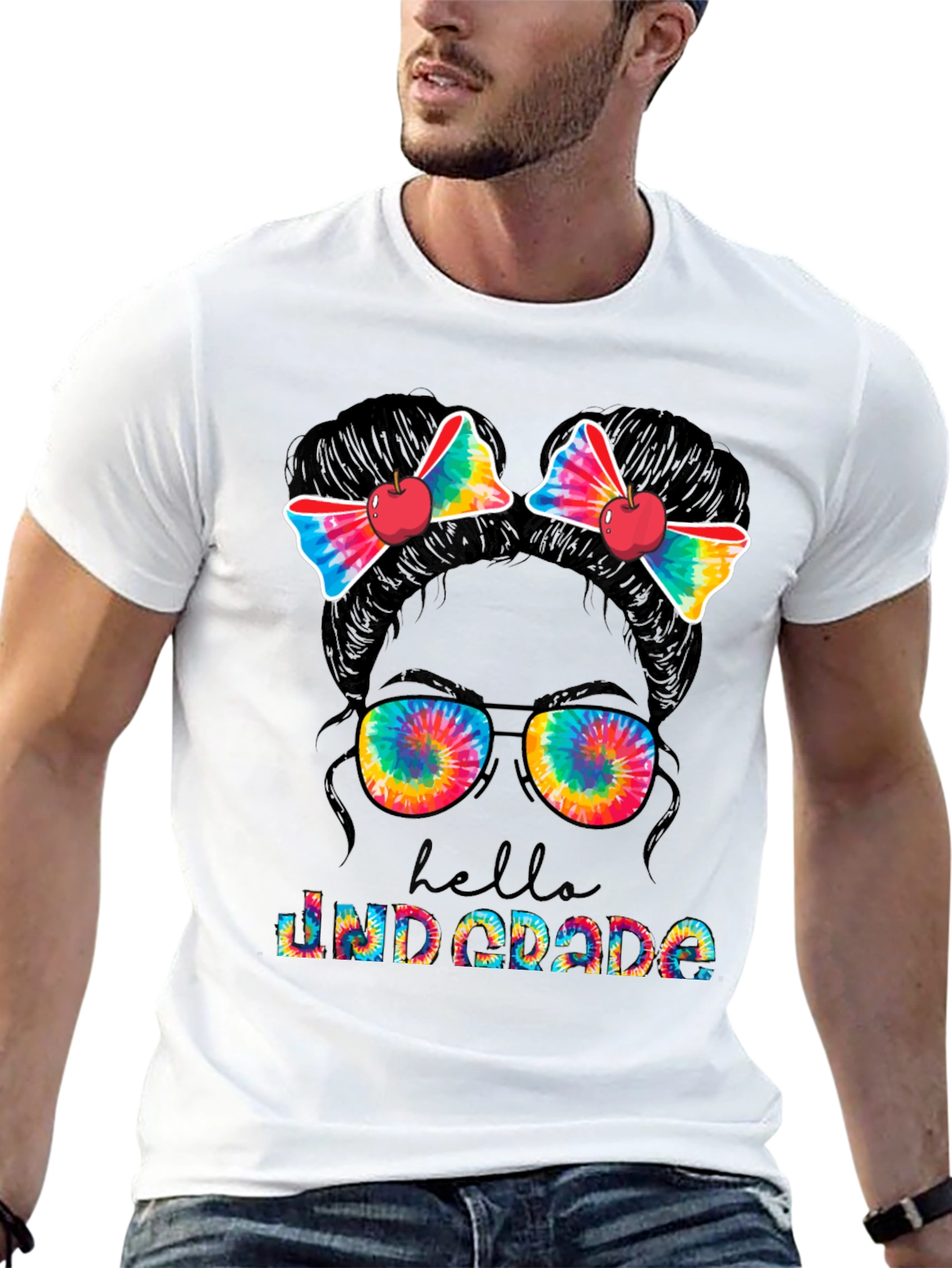 Hello 2nd Grade Tie Dye Messy Bun Teacher T-Shirt