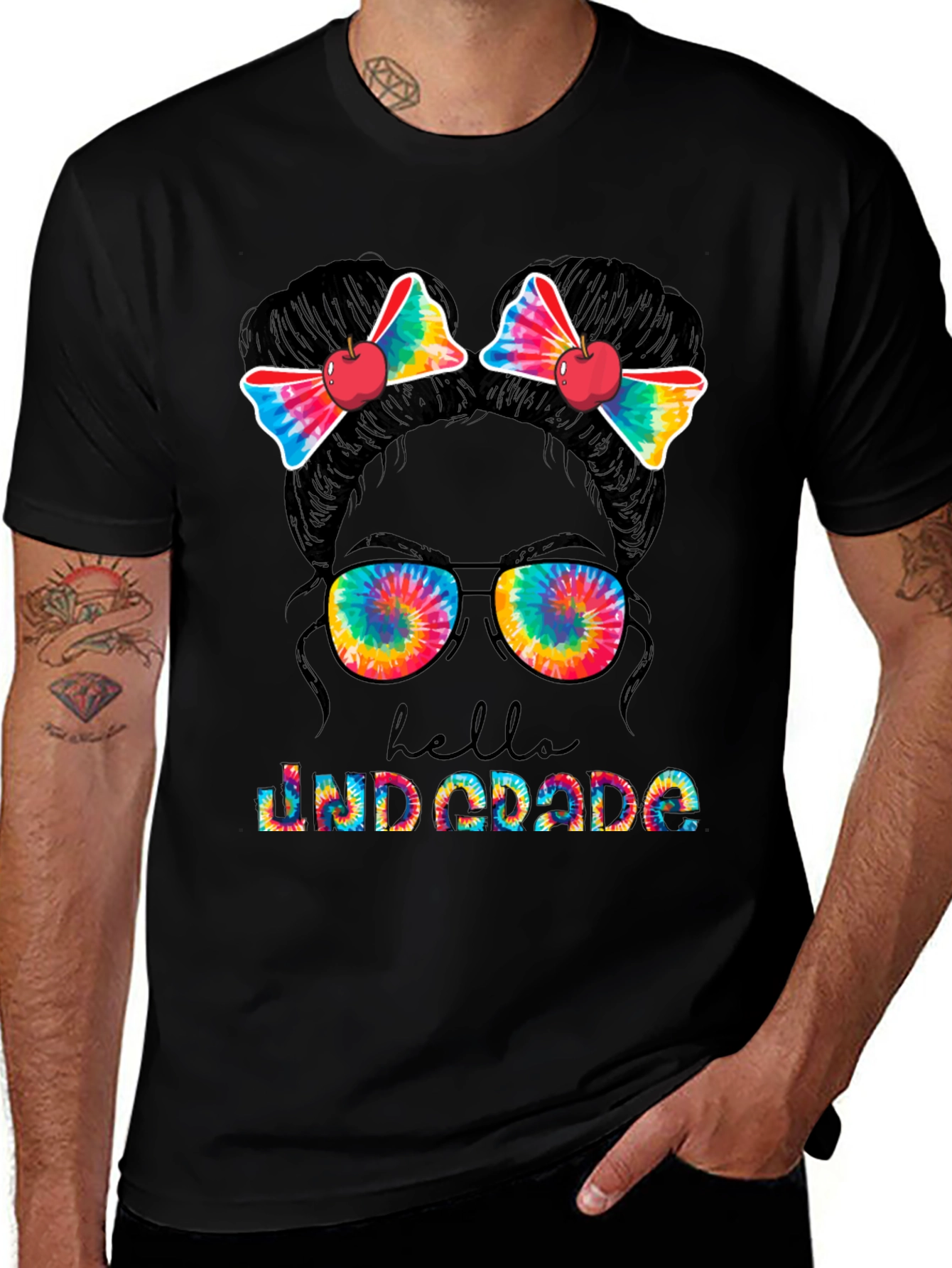 Hello 2nd Grade Tie Dye Messy Bun Teacher T-Shirt