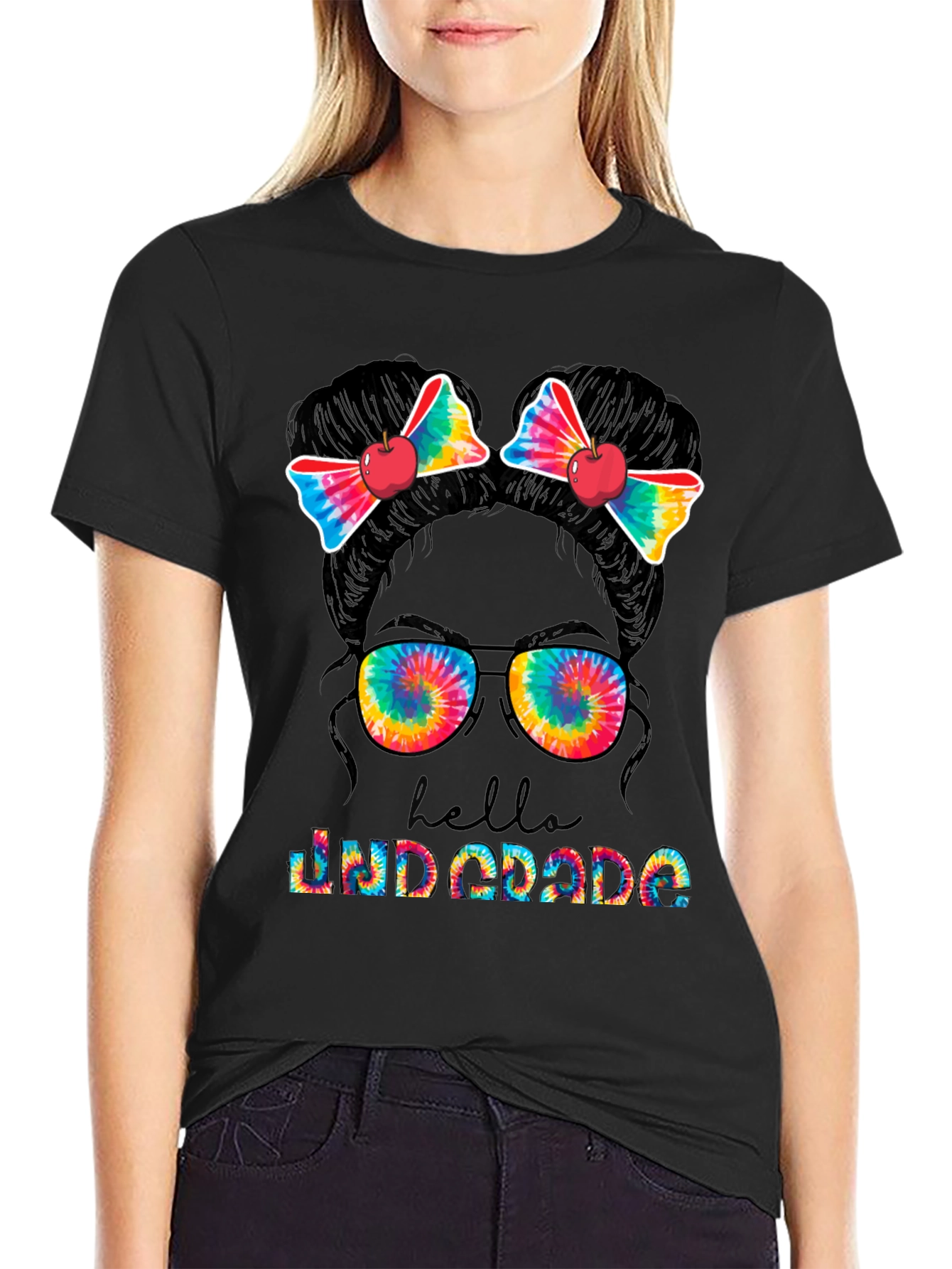 Hello 2nd Grade Tie Dye Messy Bun Teacher T-Shirt