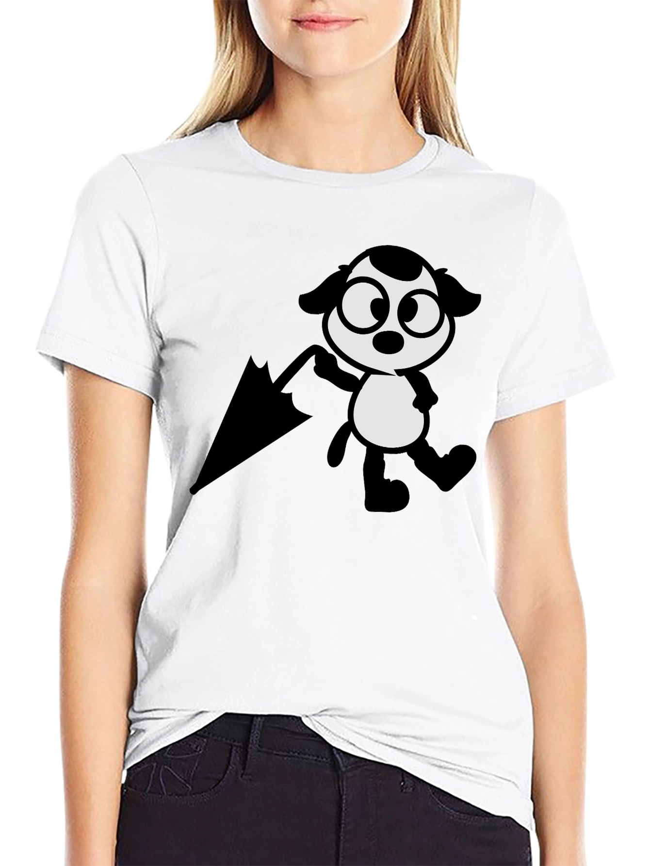 Cartoon Dog with Umbrella Black T-Shirt