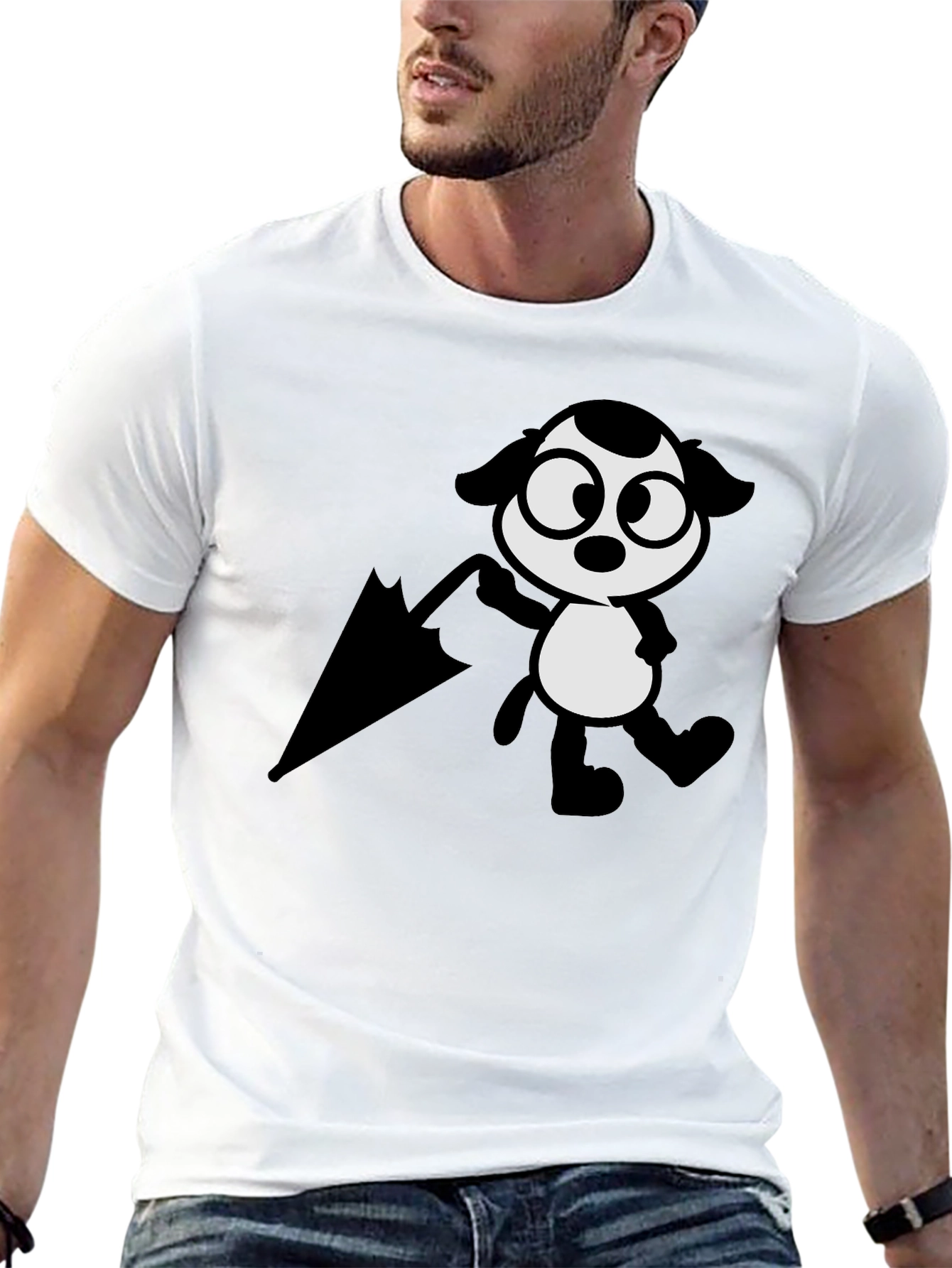 Cartoon Dog with Umbrella Black T-Shirt