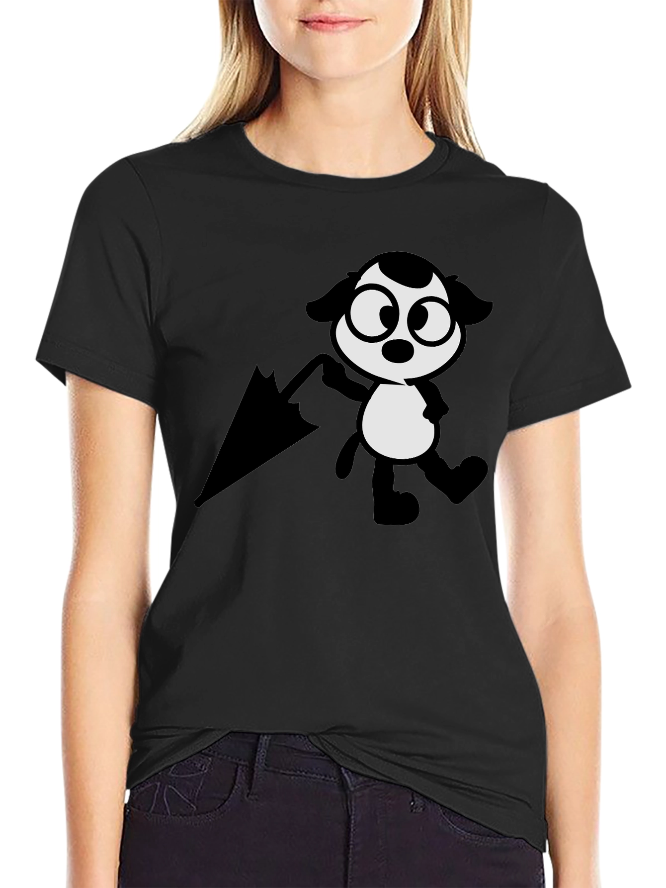 Cartoon Dog with Umbrella Black T-Shirt