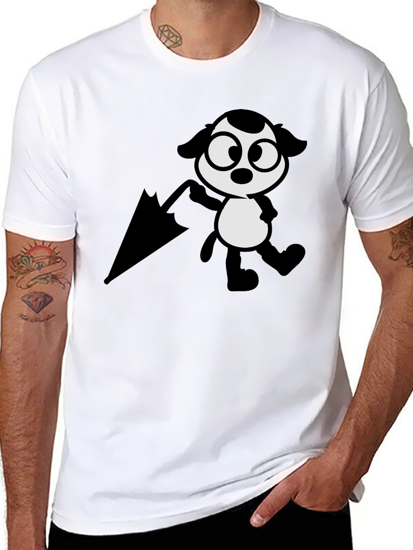 Cartoon Dog with Umbrella Black T-Shirt