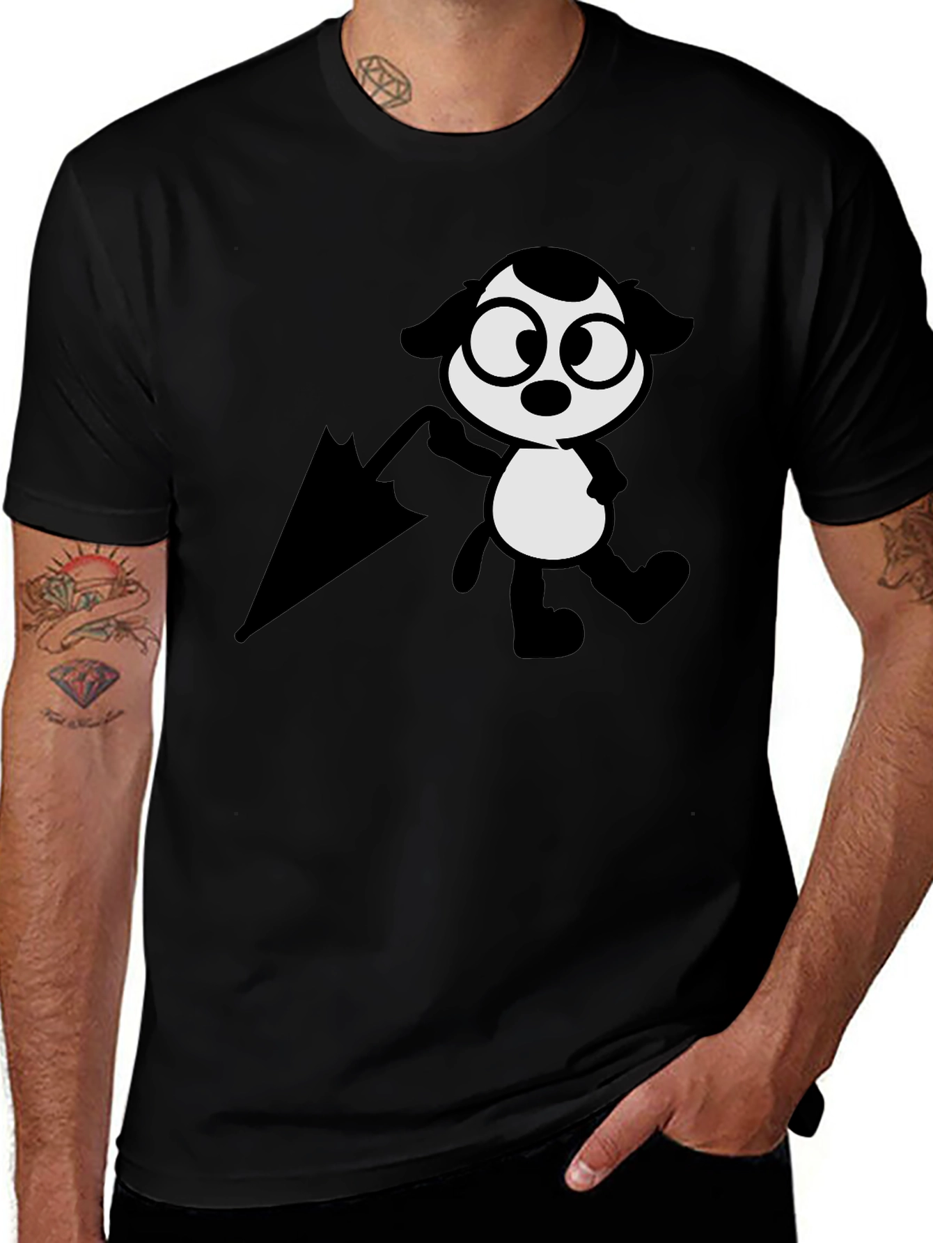 Cartoon Dog with Umbrella Black T-Shirt