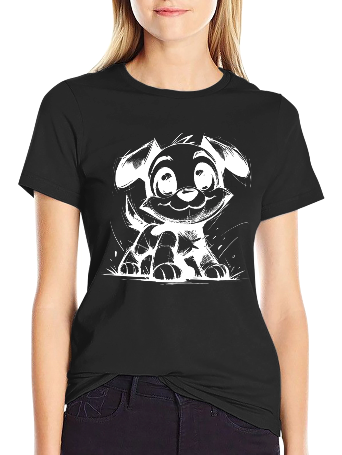Cute Puppy Sketch Black T-Shirt