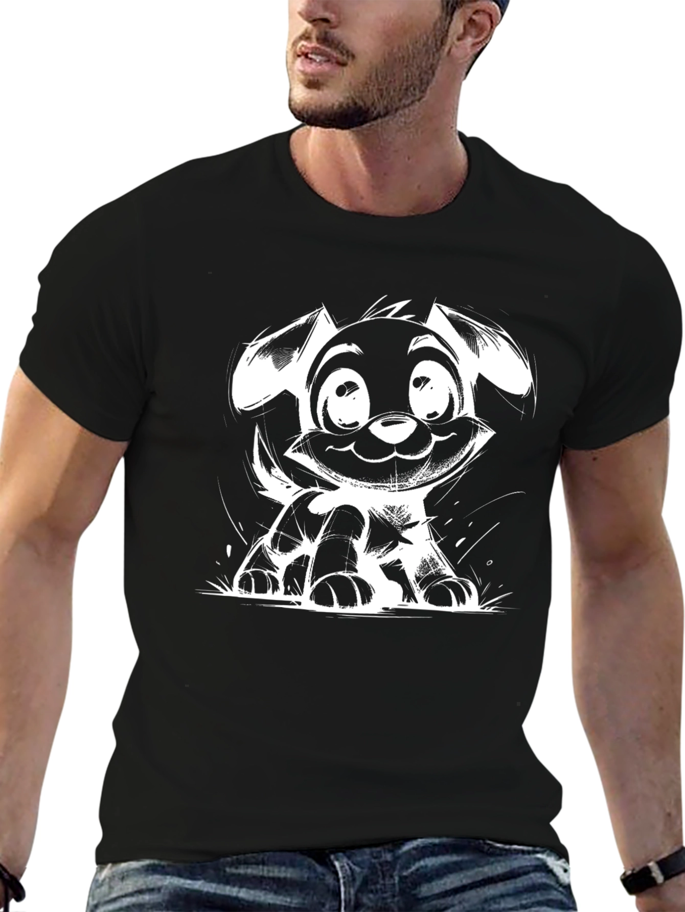 Cute Puppy Sketch Black T-Shirt