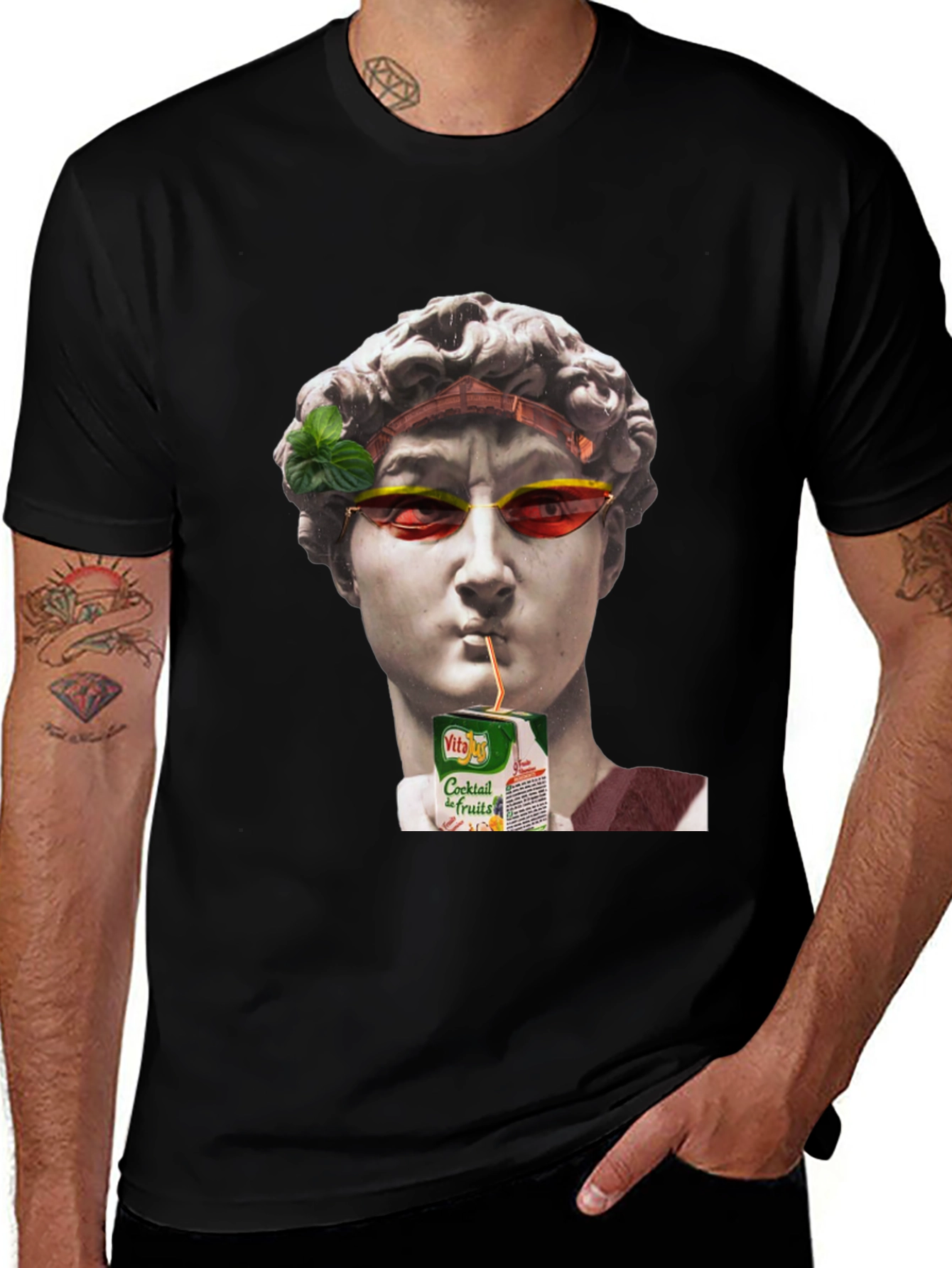 Funny Art T-Shirt: Statue Sipping Juice