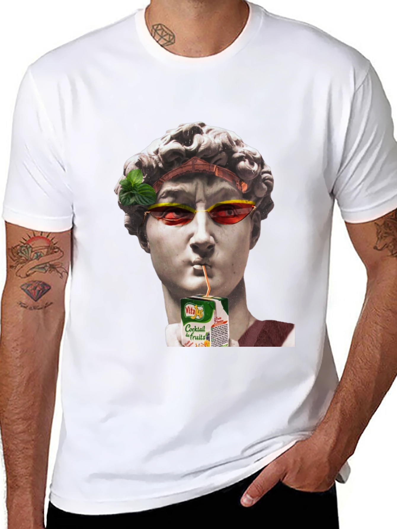 Funny Art T-Shirt: Statue Sipping Juice