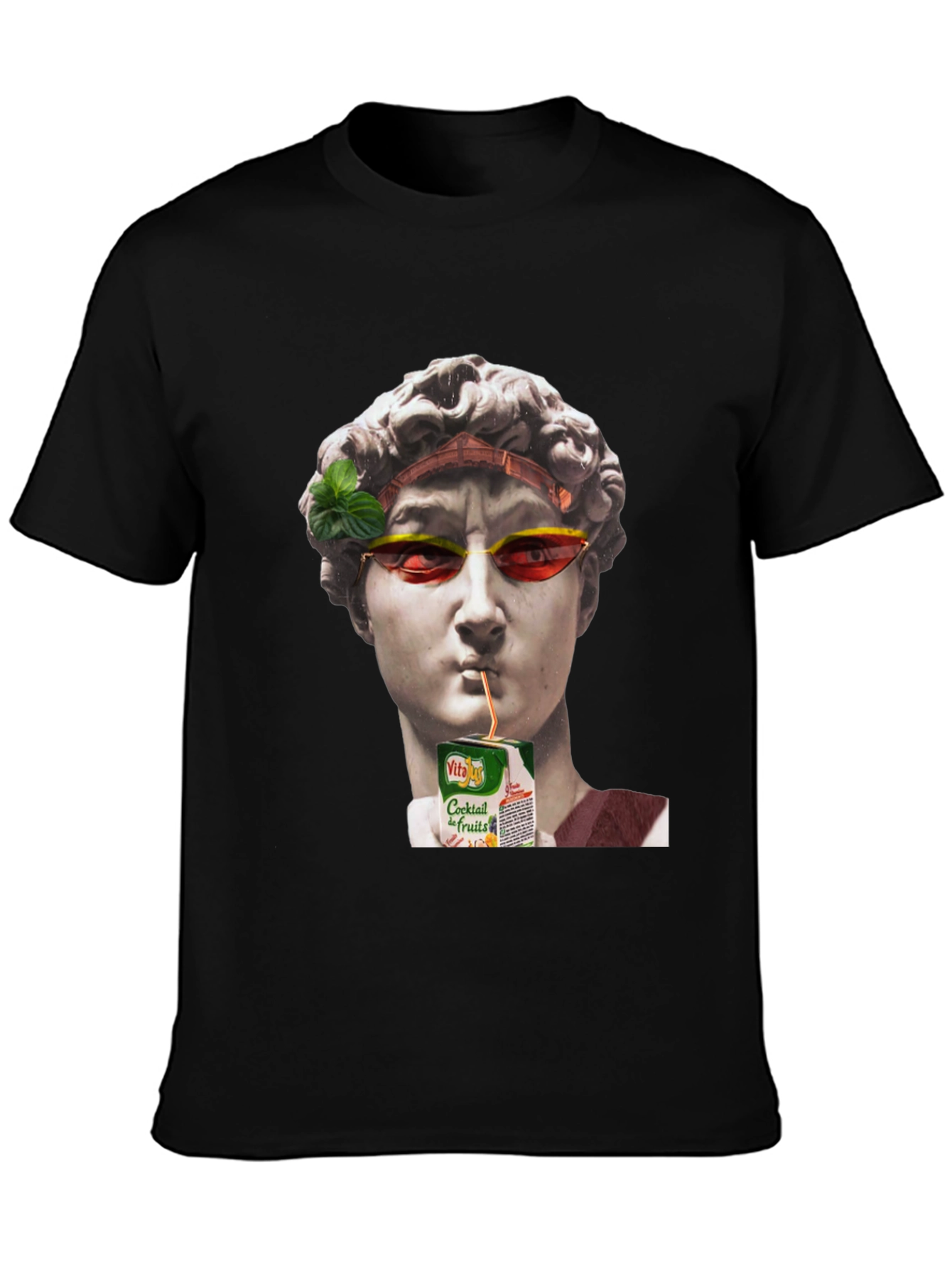 Funny Art T-Shirt: Statue Sipping Juice