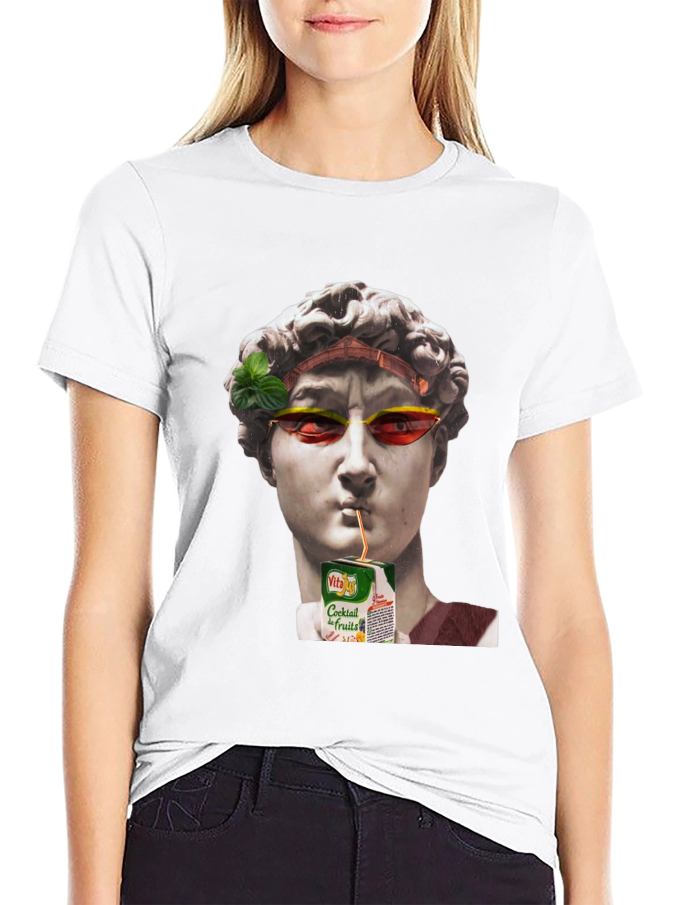 Funny Art T-Shirt: Statue Sipping Juice