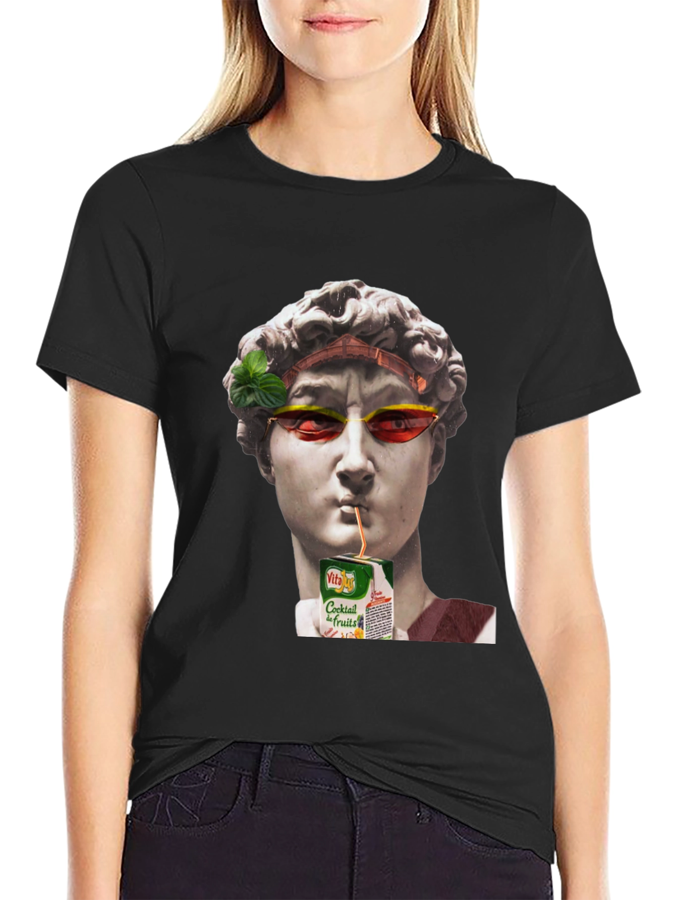 Funny Art T-Shirt: Statue Sipping Juice
