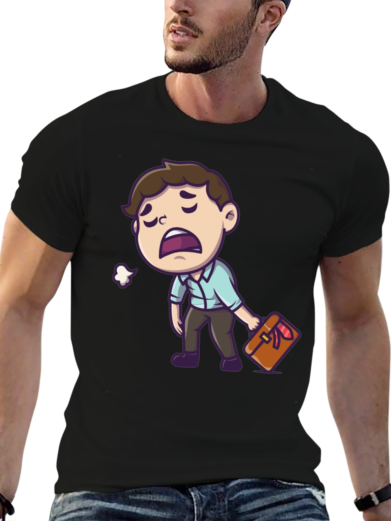 Tired Cartoon Man Graphic Tee - Black Casual Shirt