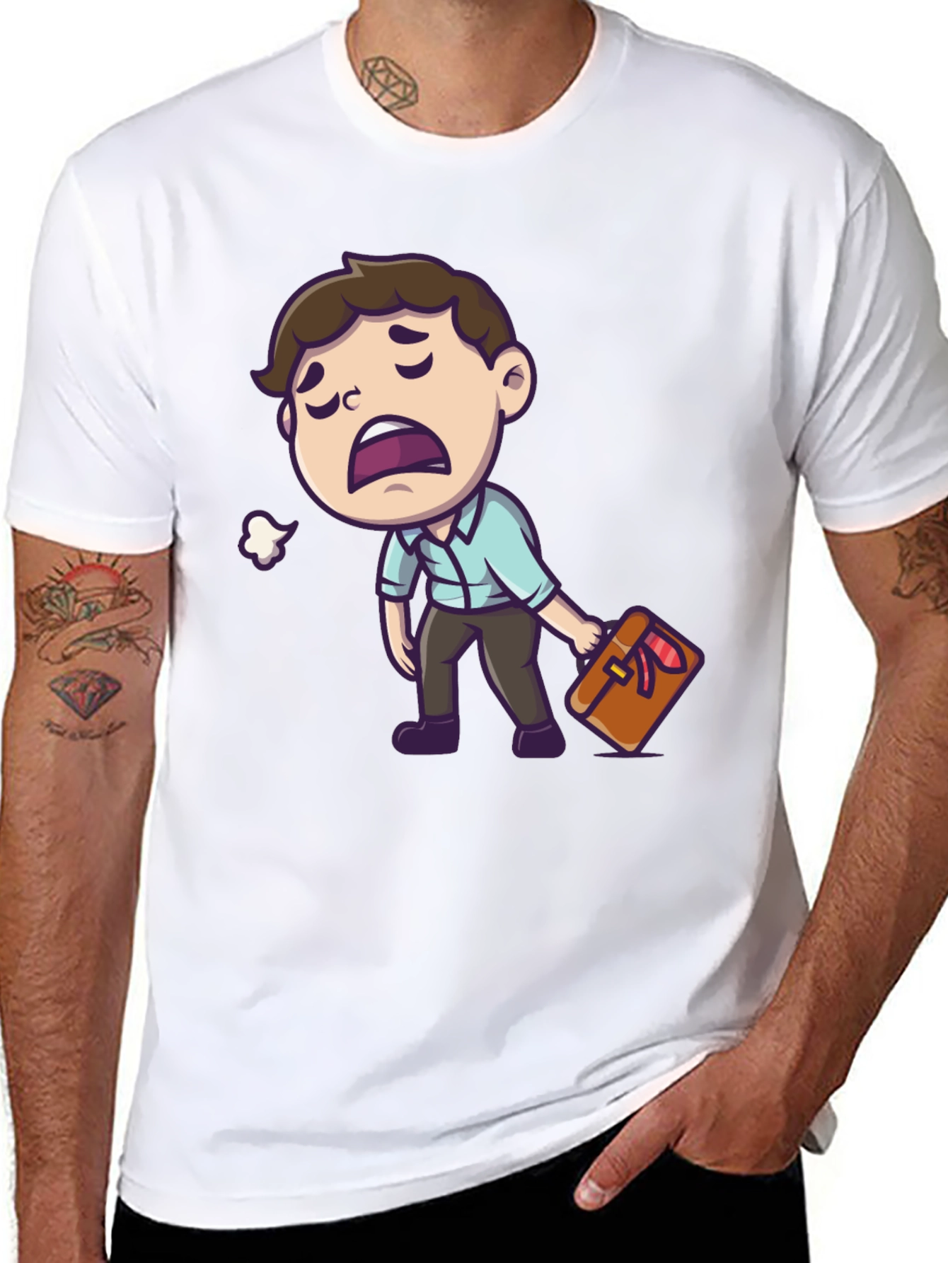 Tired Cartoon Man Graphic Tee - Black Casual Shirt