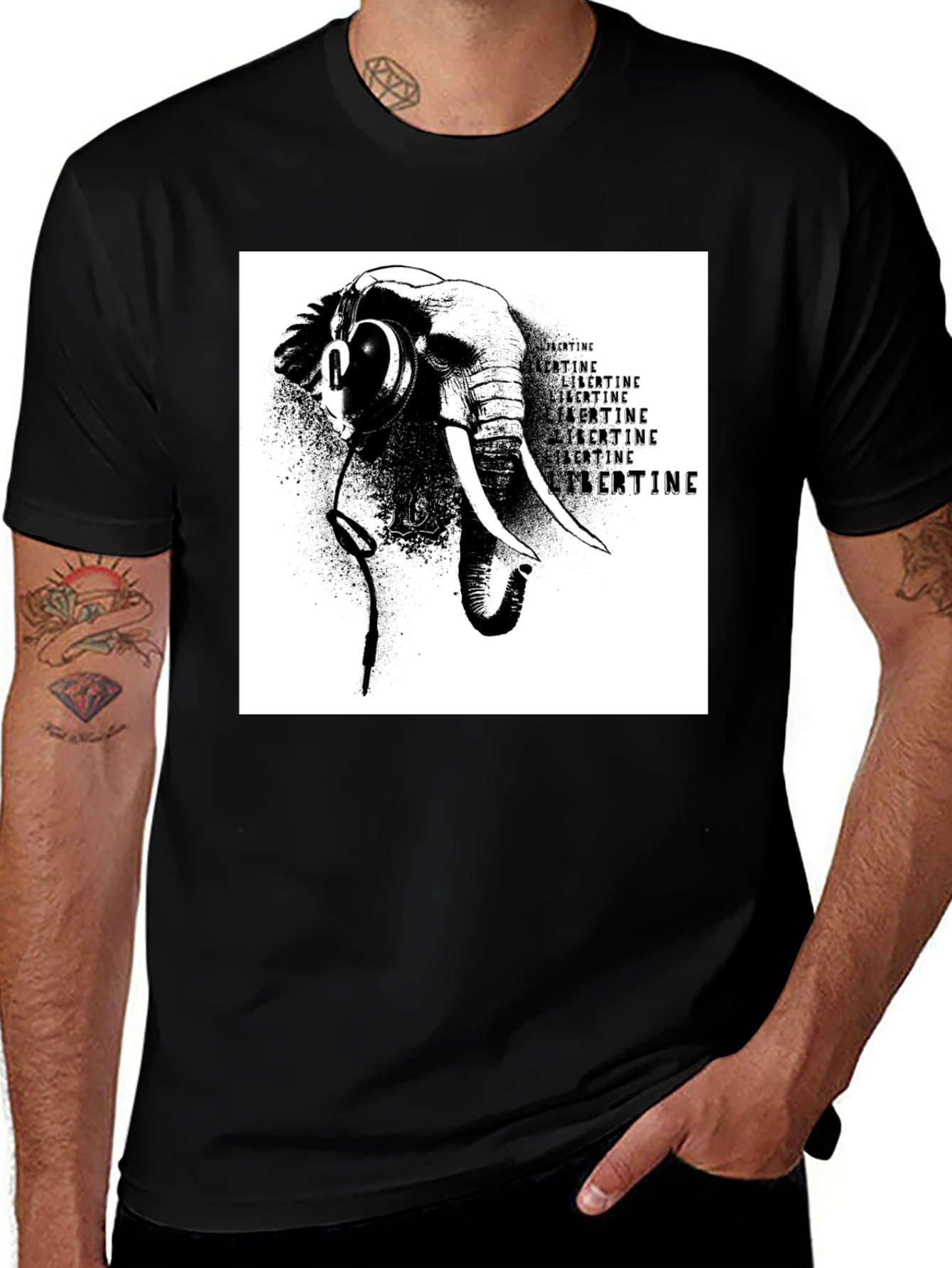 Elephant Headphones Black T-Shirt