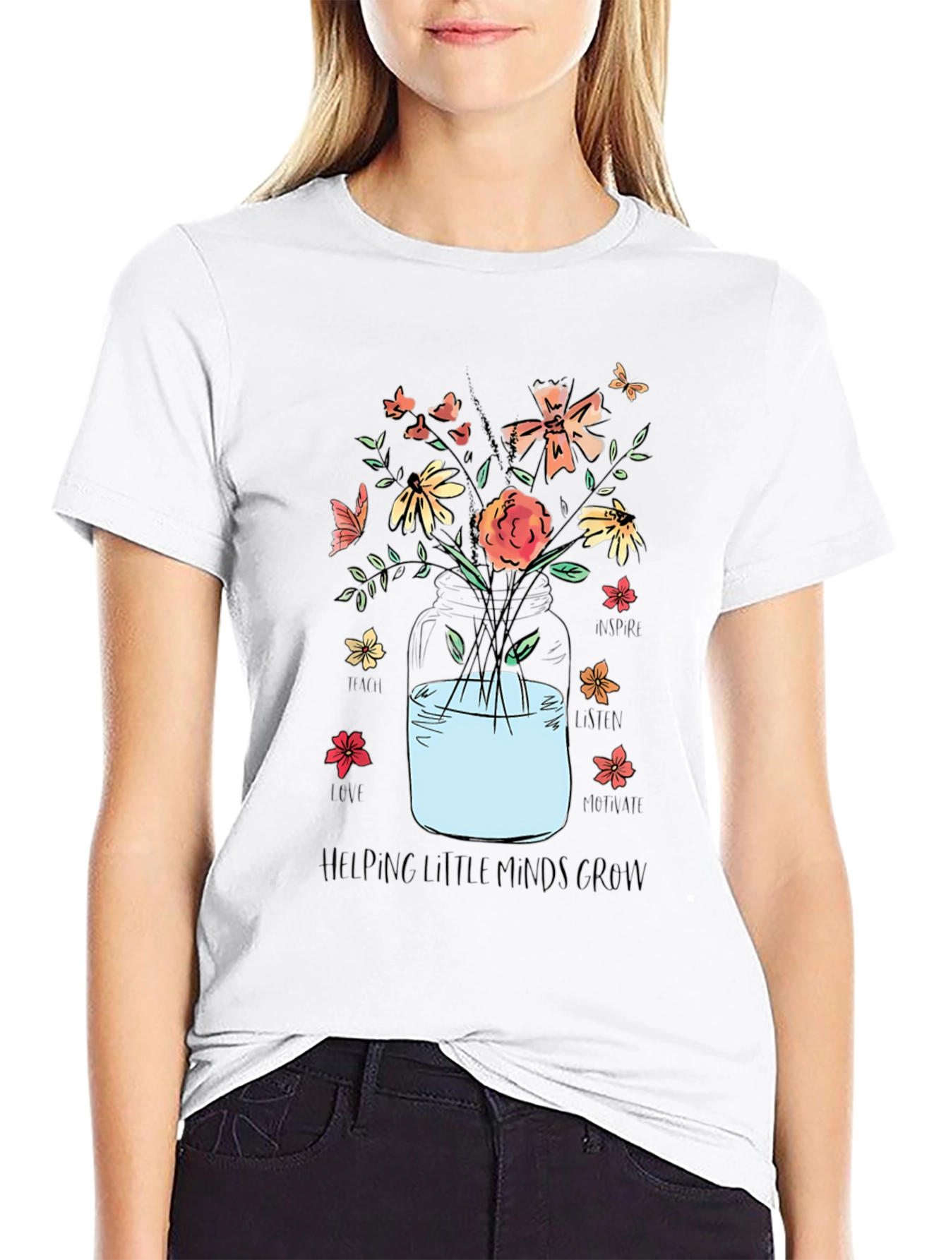 Floral Teacher Shirt - Helping Little Minds Grow