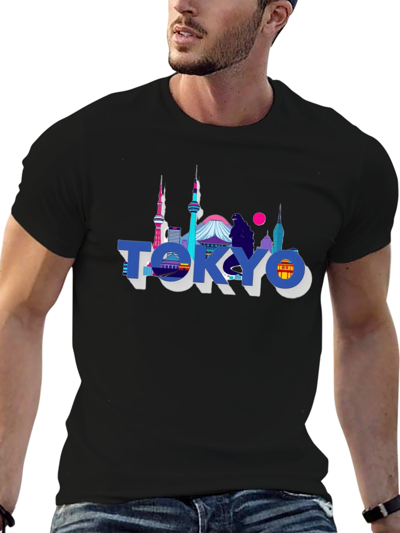Tokyo Skyline Graphic Print Black T-Shirt