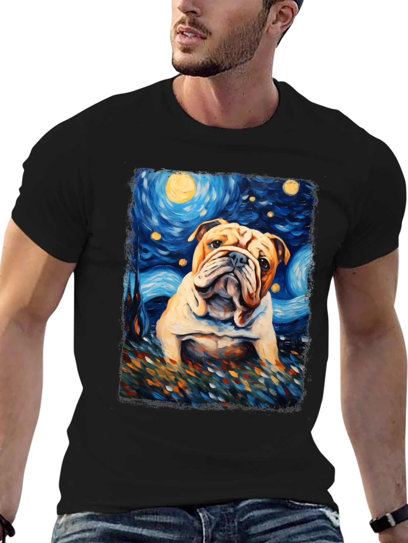Bulldog Starry Night Art T-Shirt