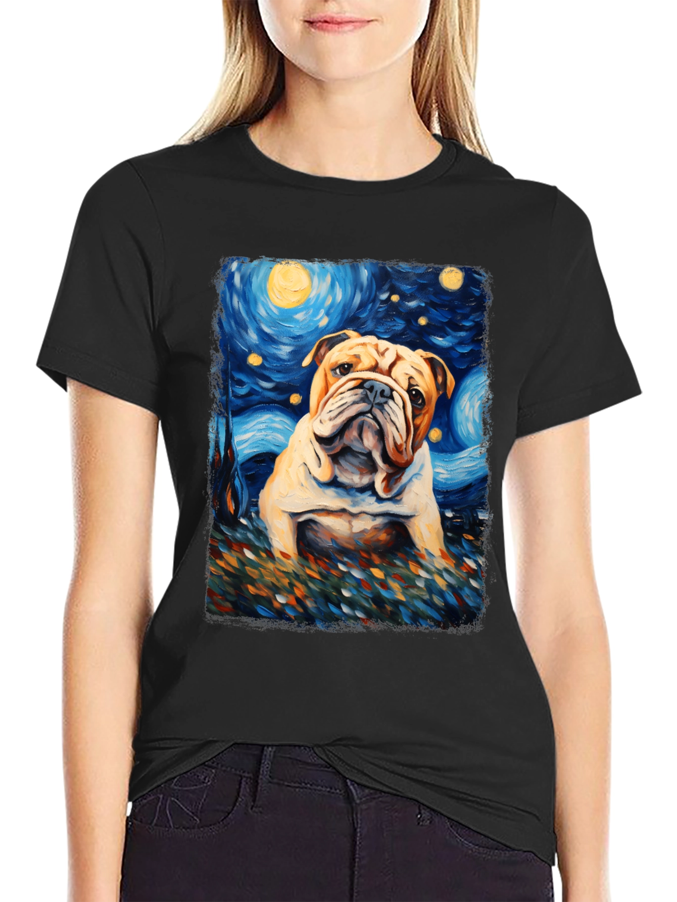 Bulldog Starry Night Art T-Shirt