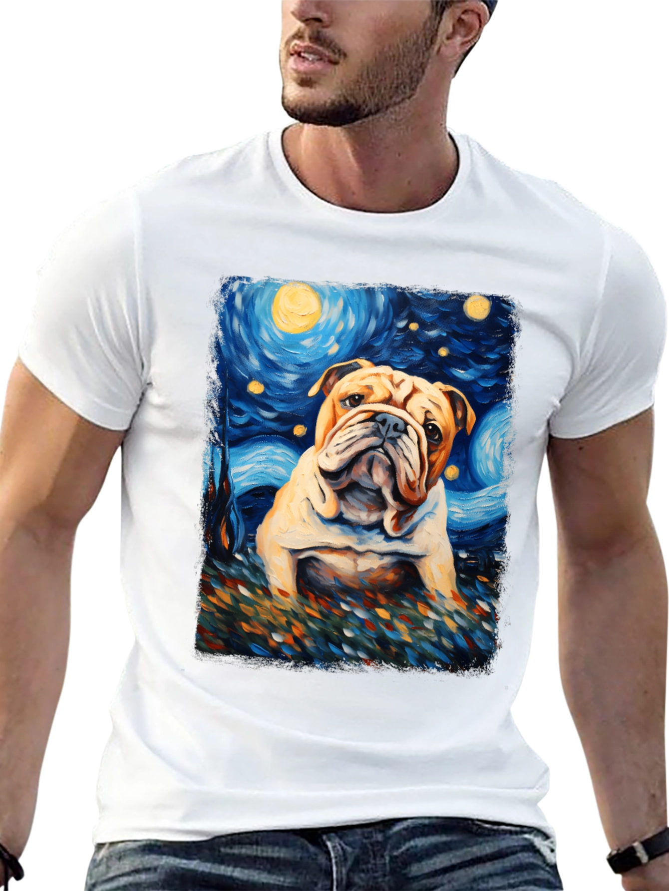 Bulldog Starry Night Art T-Shirt