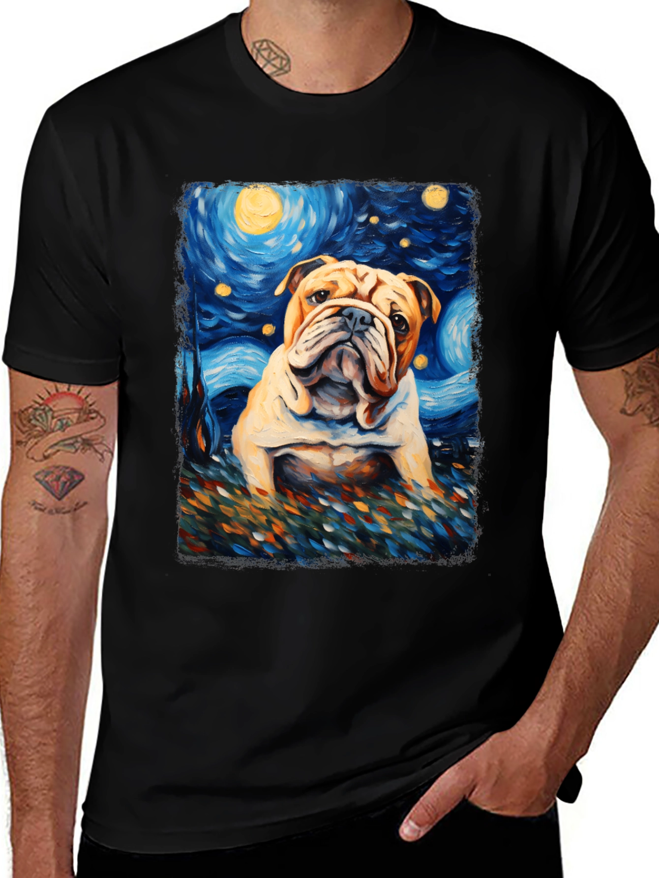 Bulldog Starry Night Art T-Shirt
