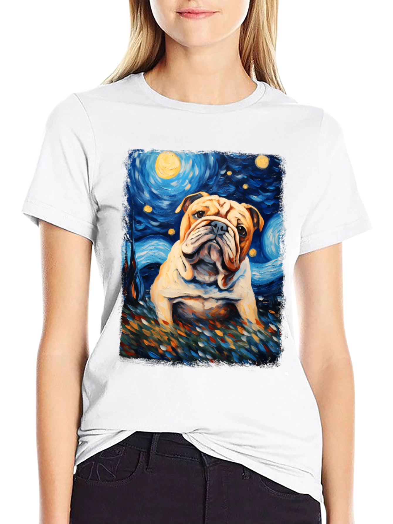 Bulldog Starry Night Art T-Shirt