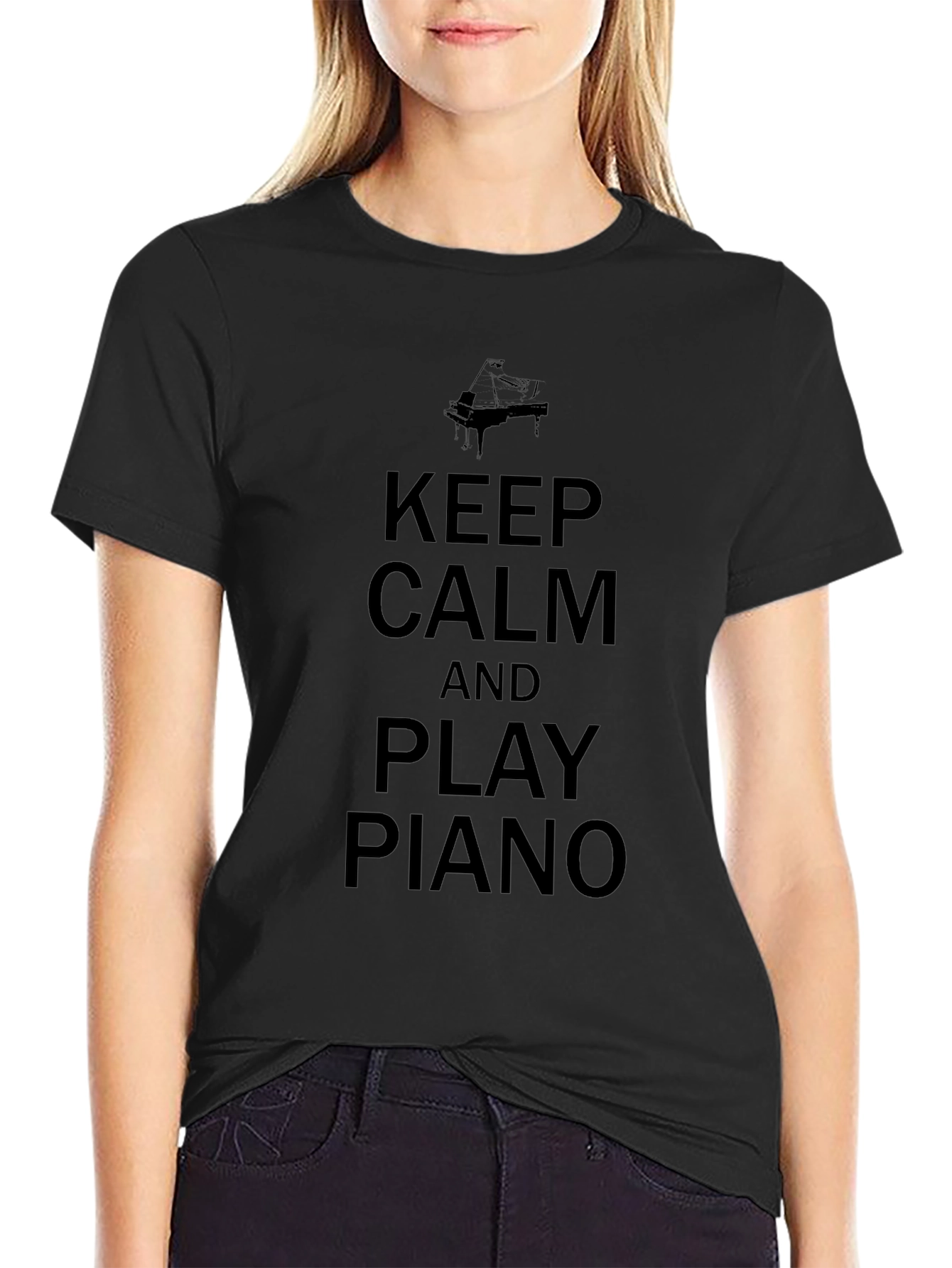 Keep Calm and Play Piano Black Graphic Tee