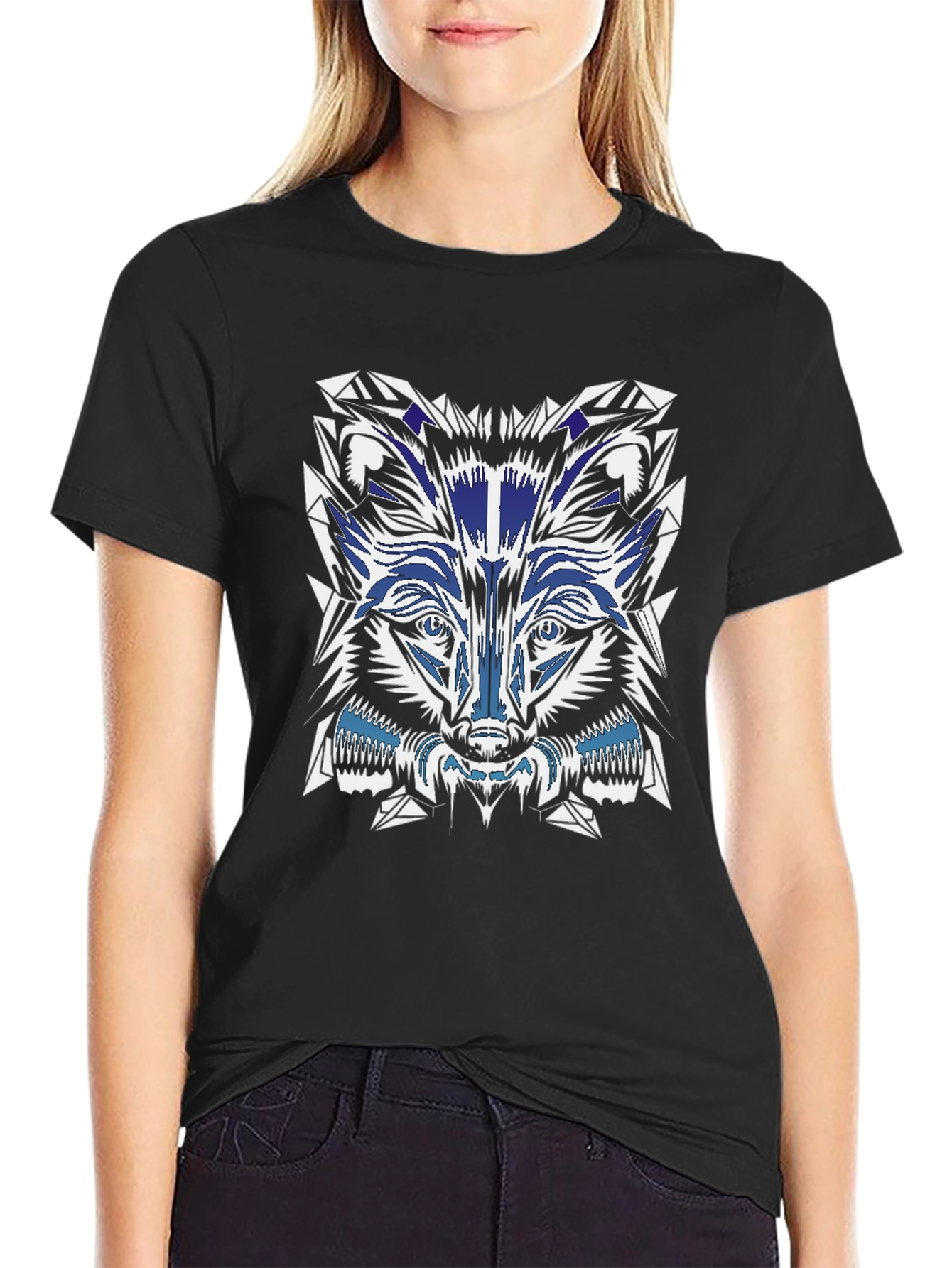 Geometric Wolf Graphic Tee - Black