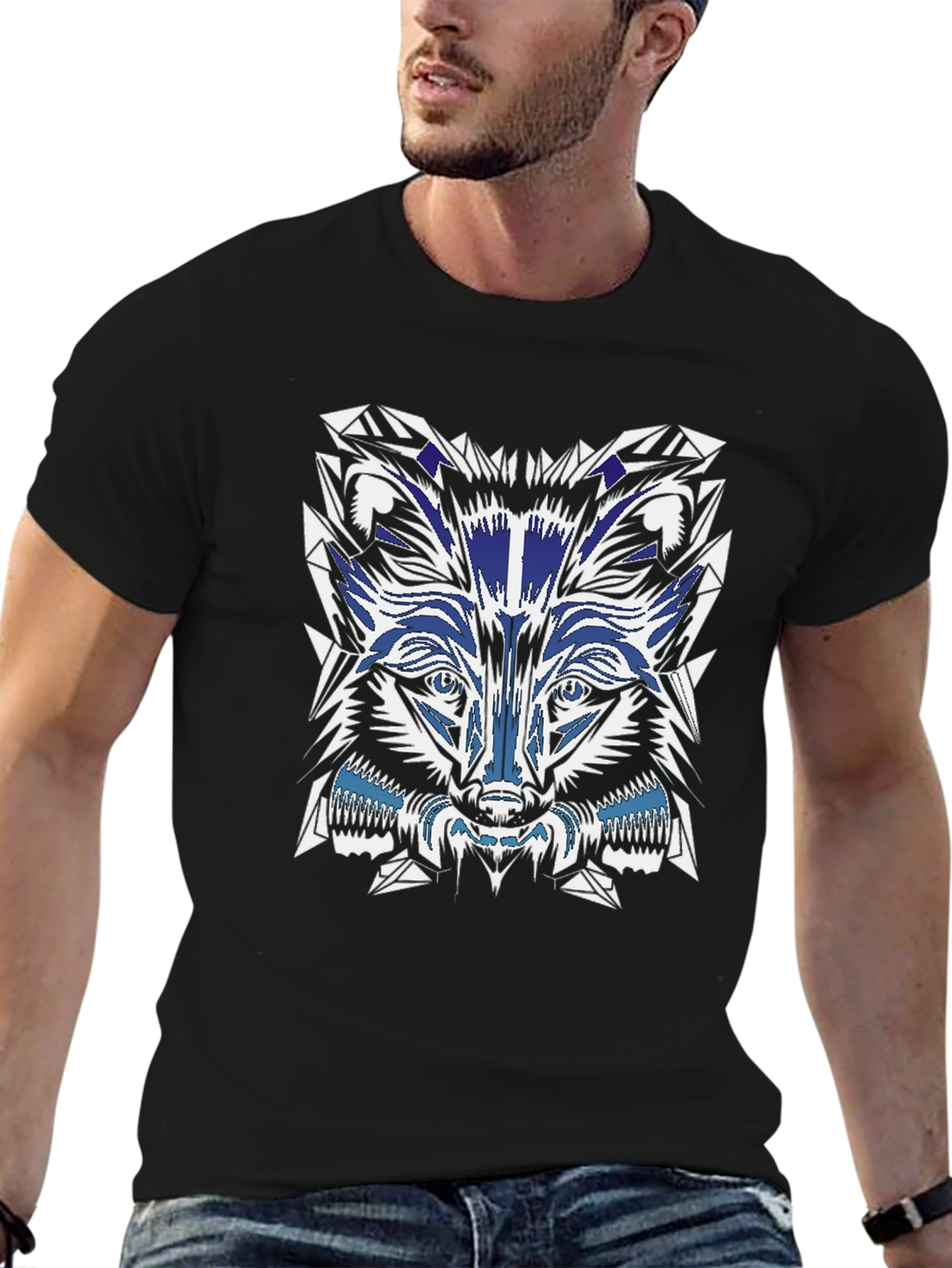 Geometric Wolf Graphic Tee - Black