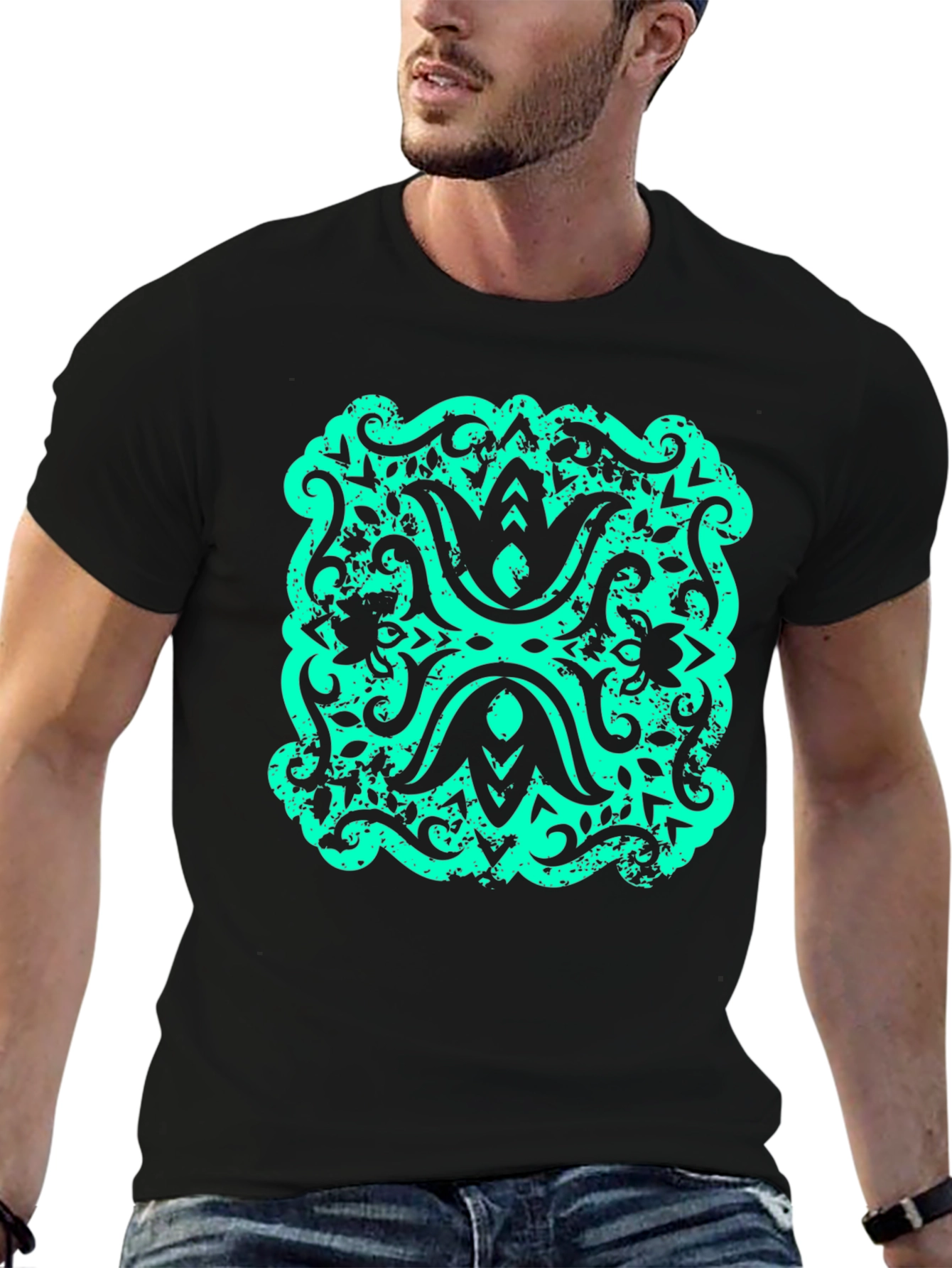 Modern Graphic T-Shirt - Black with Teal Design