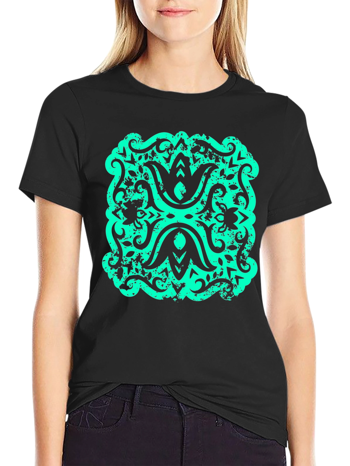 Modern Graphic T-Shirt - Black with Teal Design